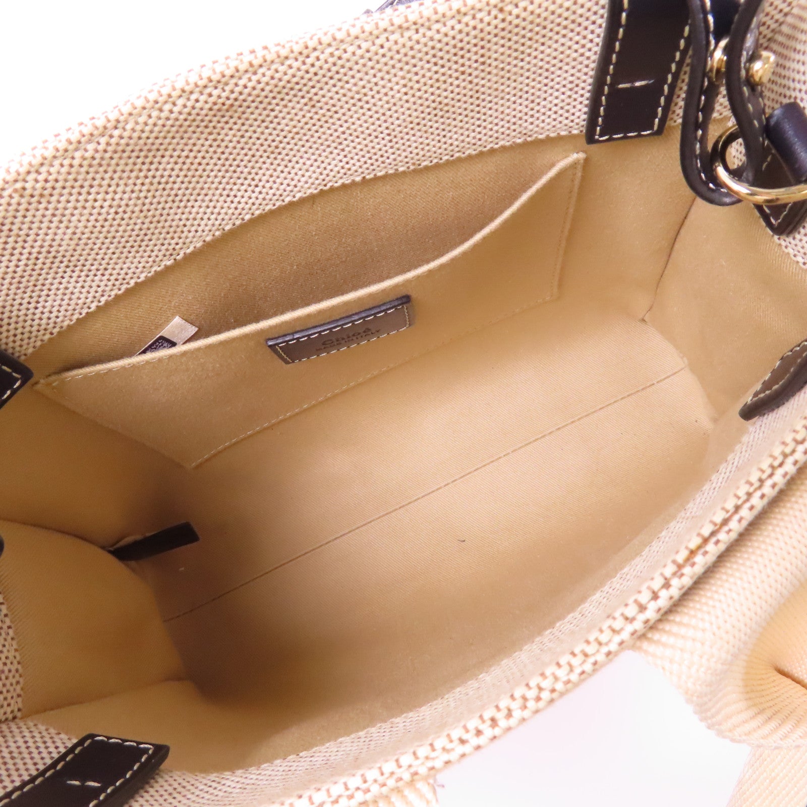 Chloe 帆布SMALL WOODY TOTE BAG IN LINEN銀扣手挽肩背兩用袋米色/深藍色