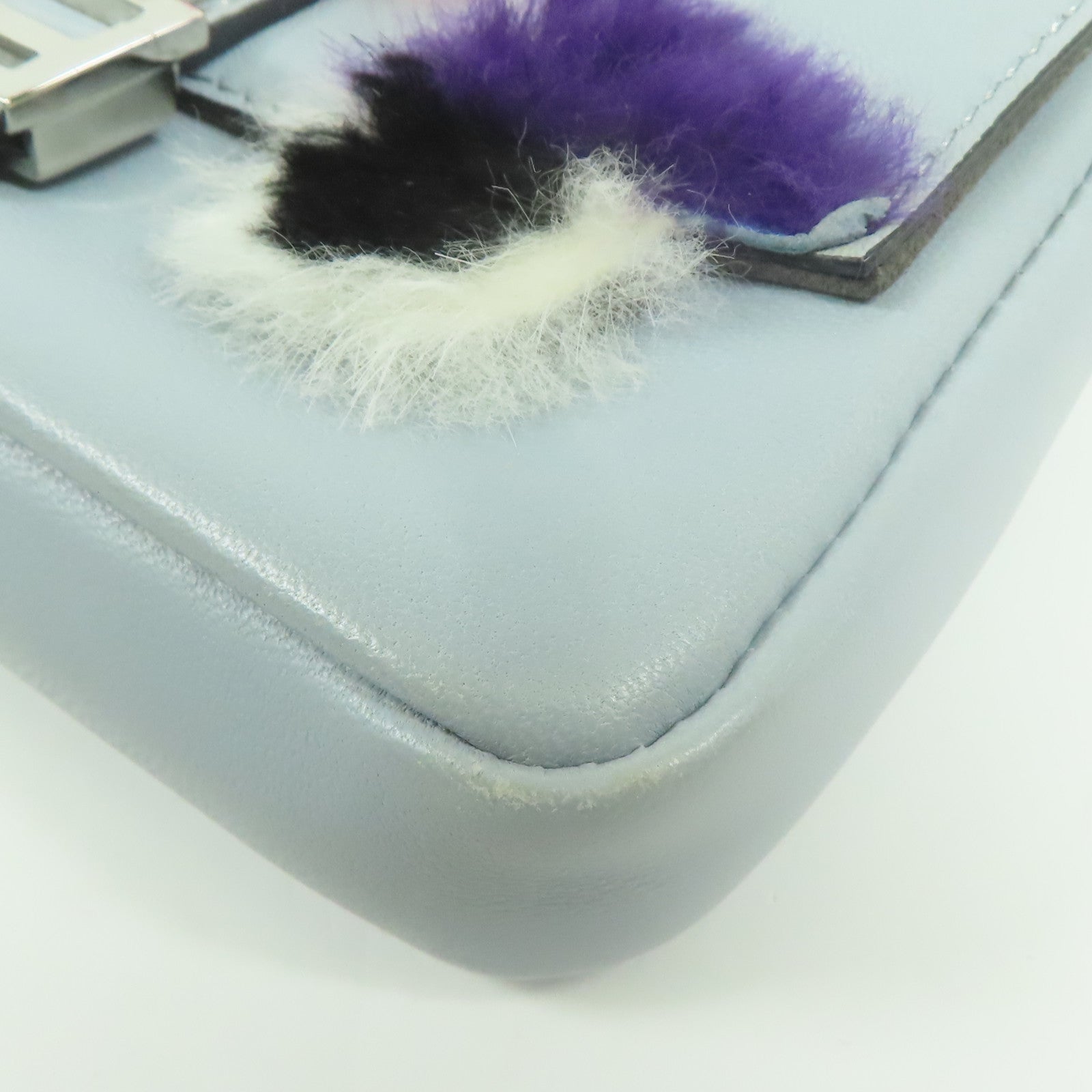 FENDI 牛皮皮革/狐狸毛Shoulder Bag銀扣肩背袋