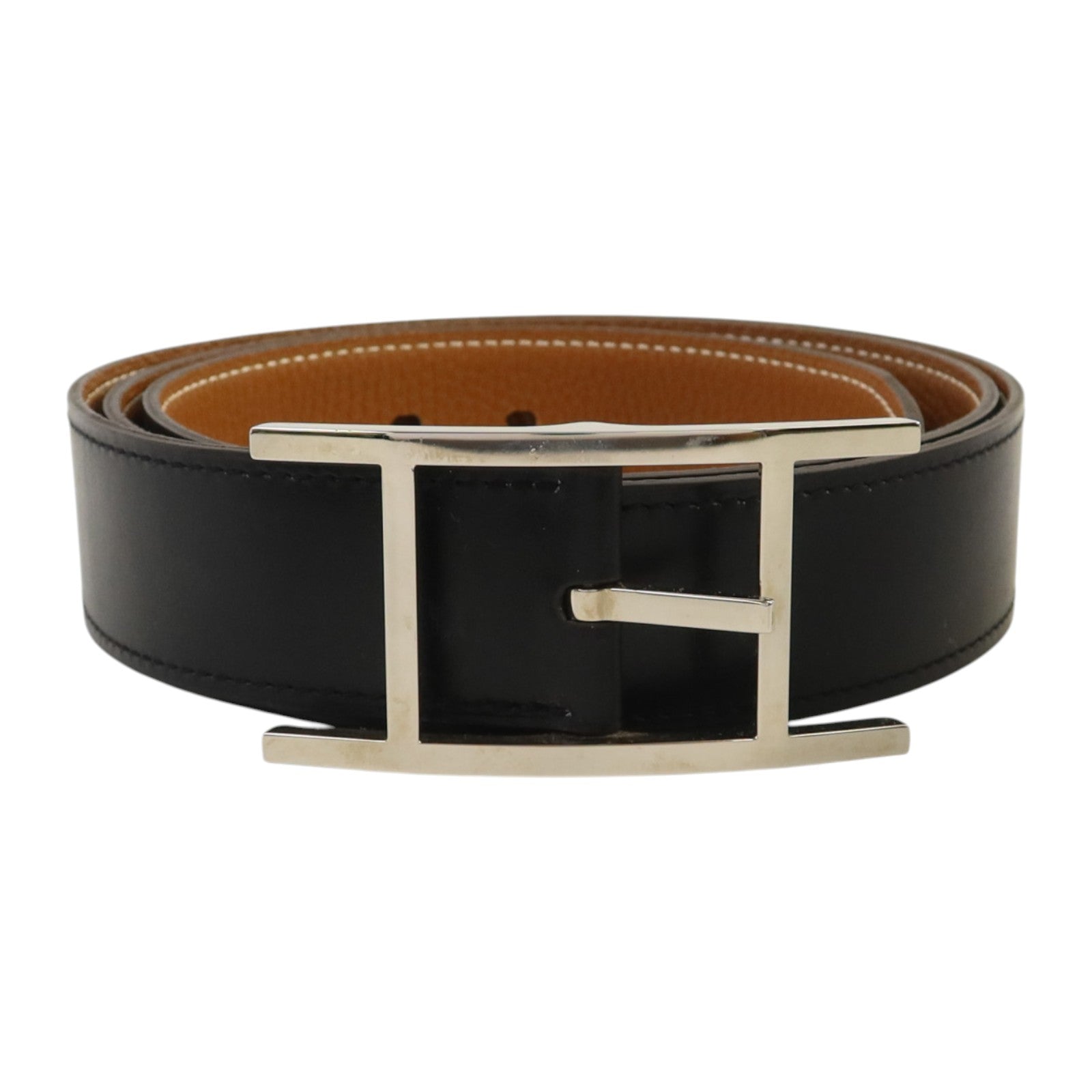 HERMES Box皮革/Togo皮革Quentin Reversible Belt 95cm銀扣皮帶Noir/Gold
