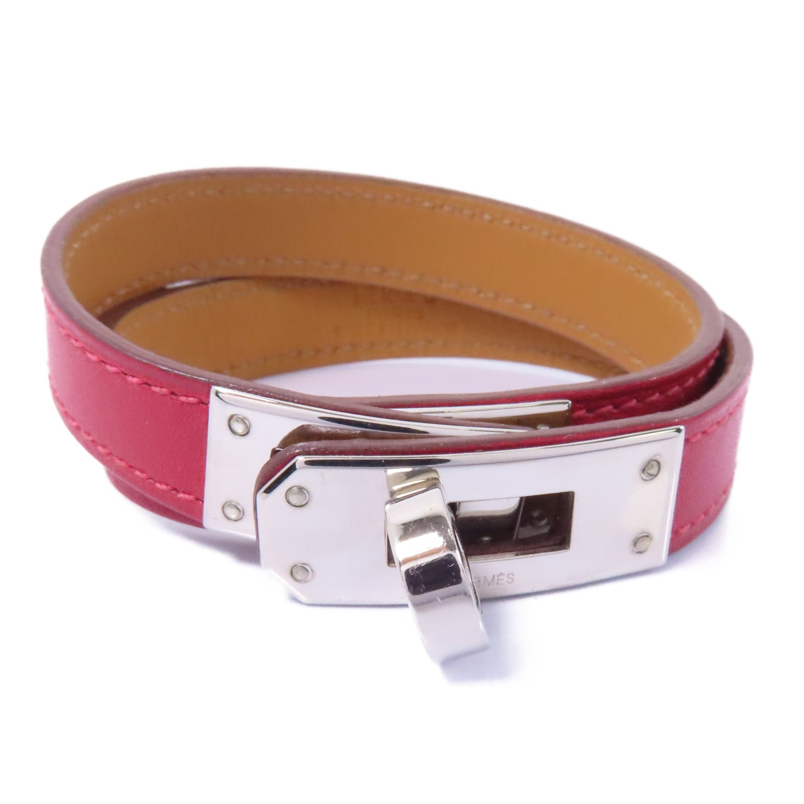 HERMES Swift皮革Kelly Double Tour Bracelet銀扣手鏈Rough H/紅色