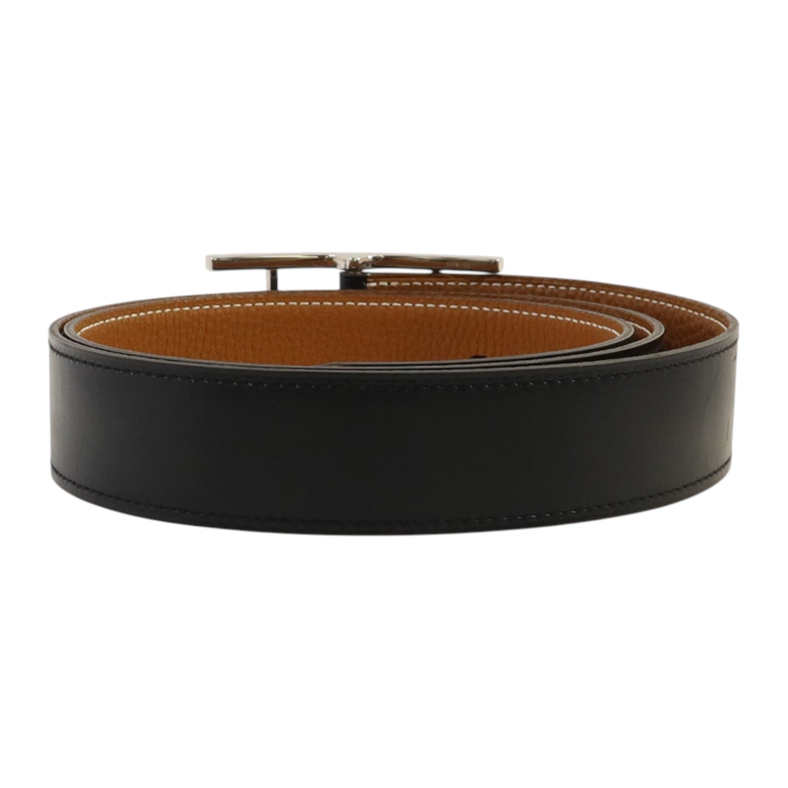 HERMES Box皮革/Togo皮革Quentin Reversible Belt 95cm銀扣皮帶Noir/Gold
