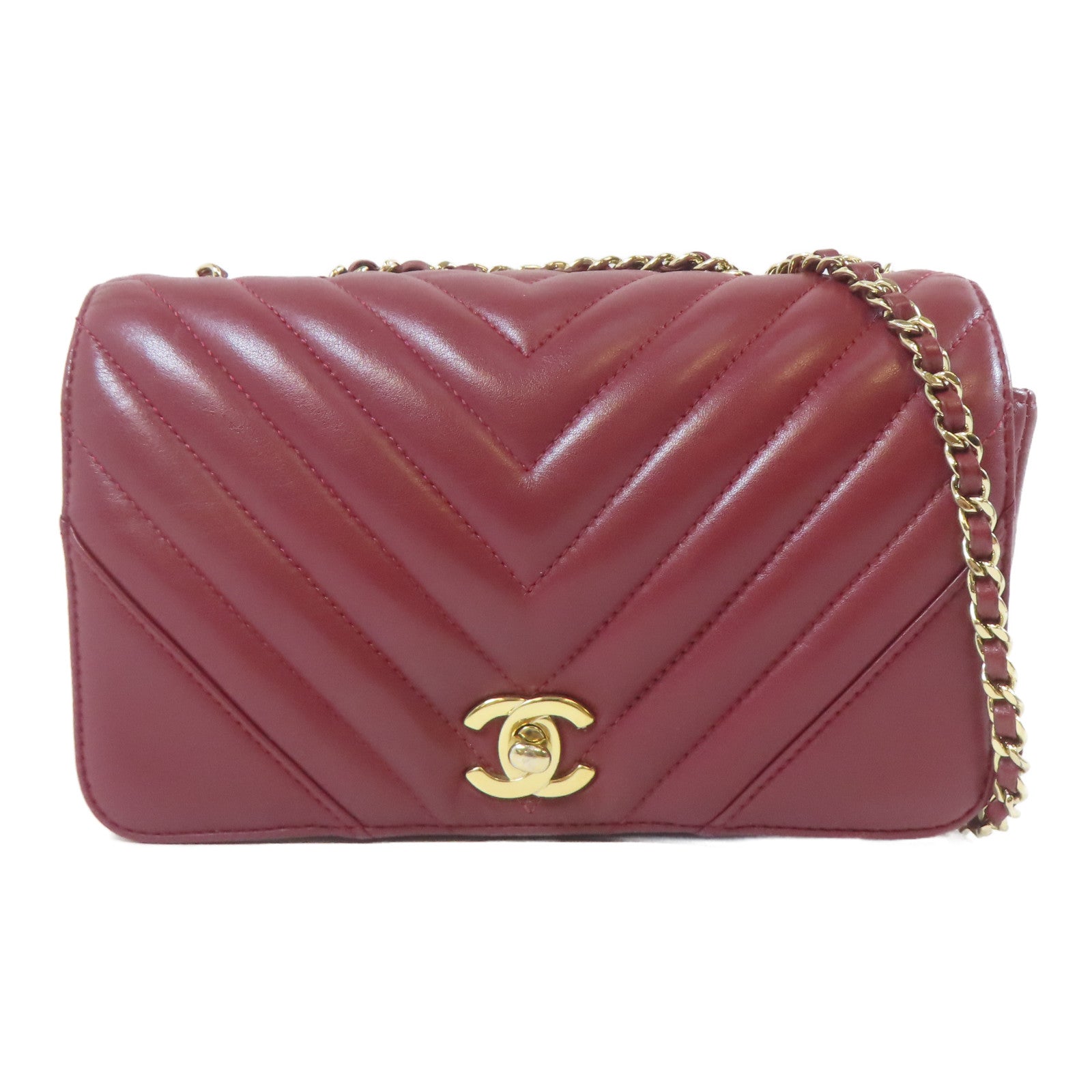 CHANEL 斜紋羊皮皮革Chain Flap Bag金扣鏈帶肩背袋紅色