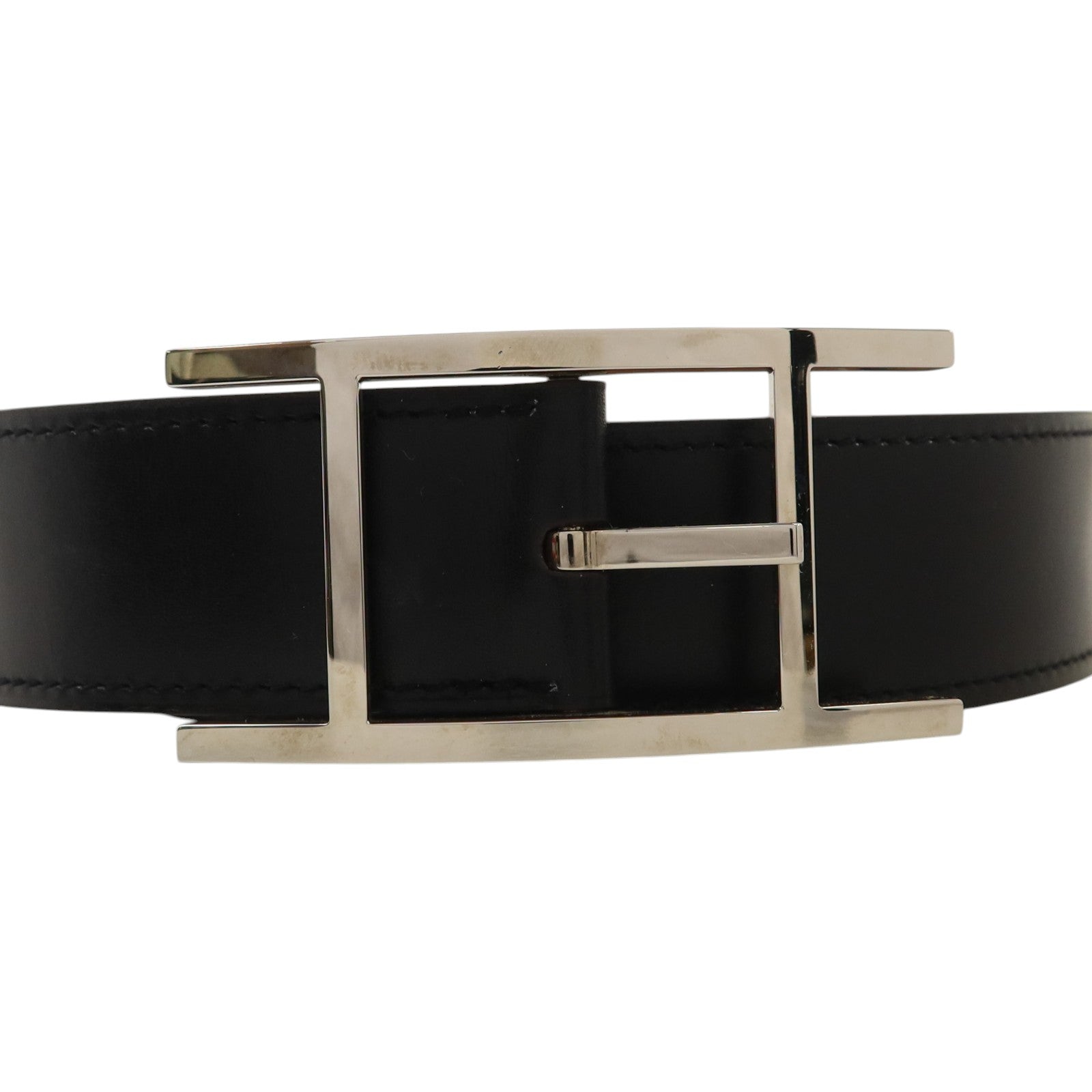 HERMES Box皮革/Togo皮革Quentin Reversible Belt 95cm銀扣皮帶Noir/Gold