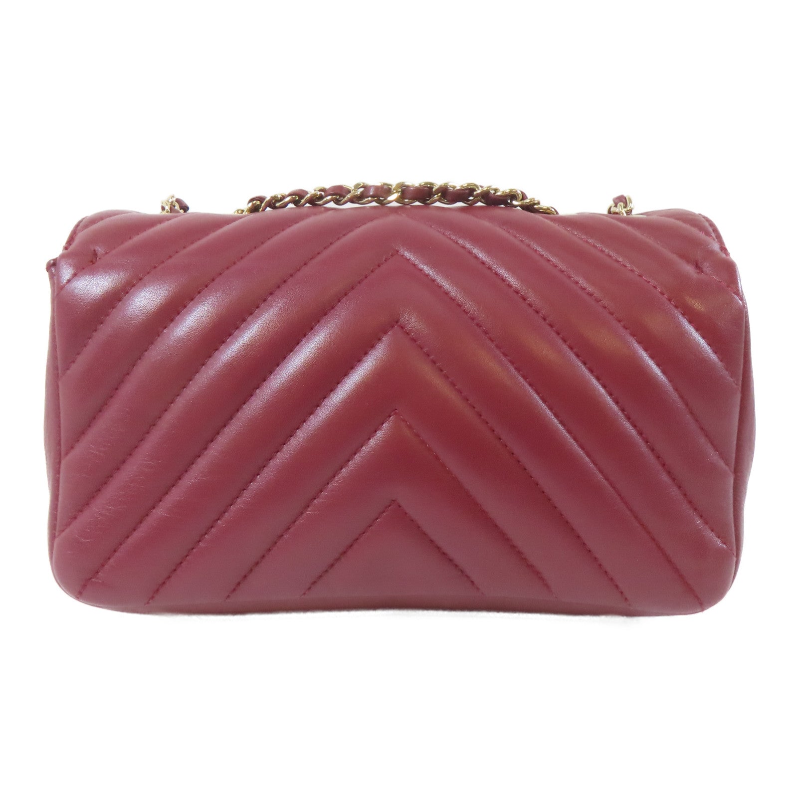 CHANEL 斜紋羊皮皮革Chain Flap Bag金扣鏈帶肩背袋紅色