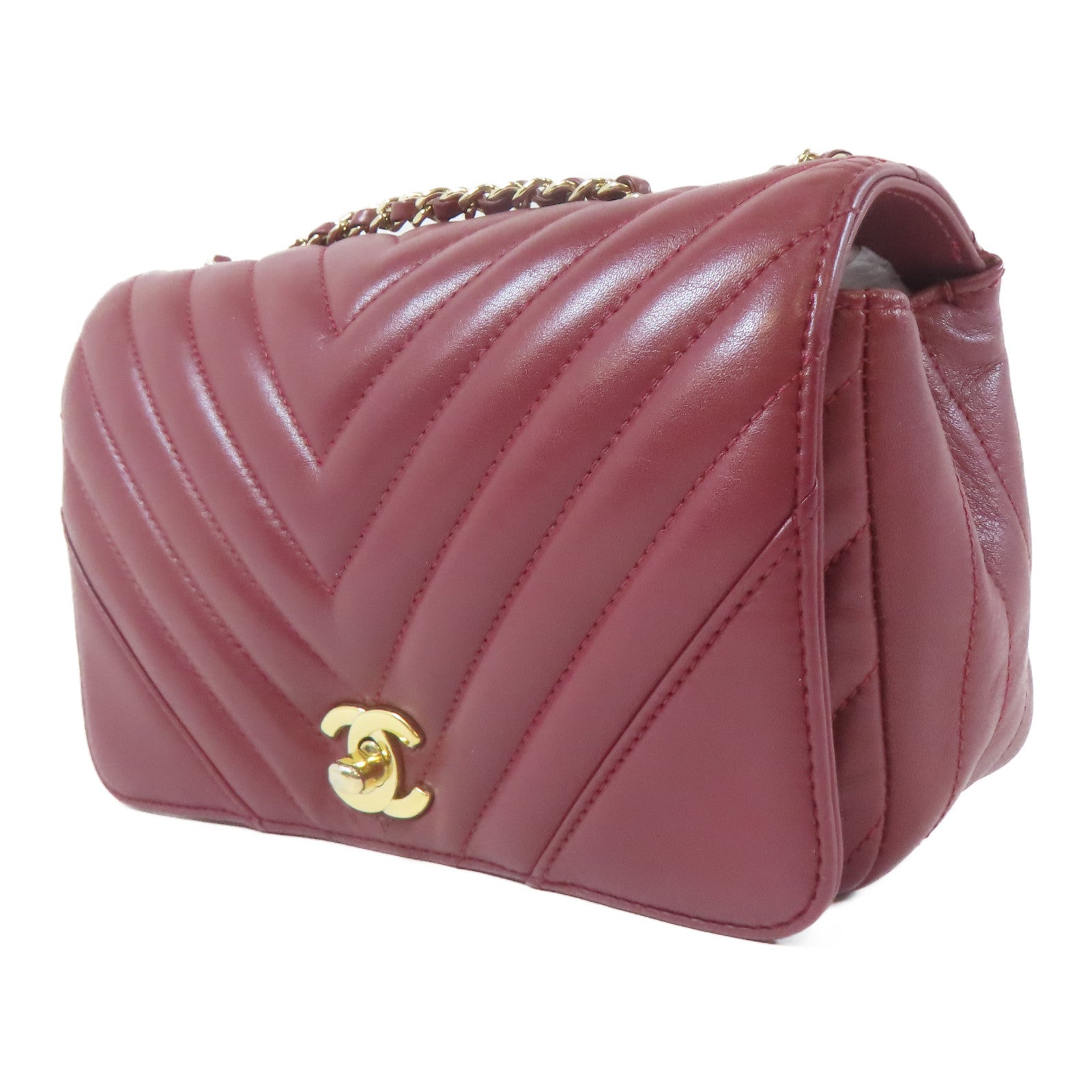 CHANEL 斜紋羊皮皮革Chain Flap Bag金扣鏈帶肩背袋紅色