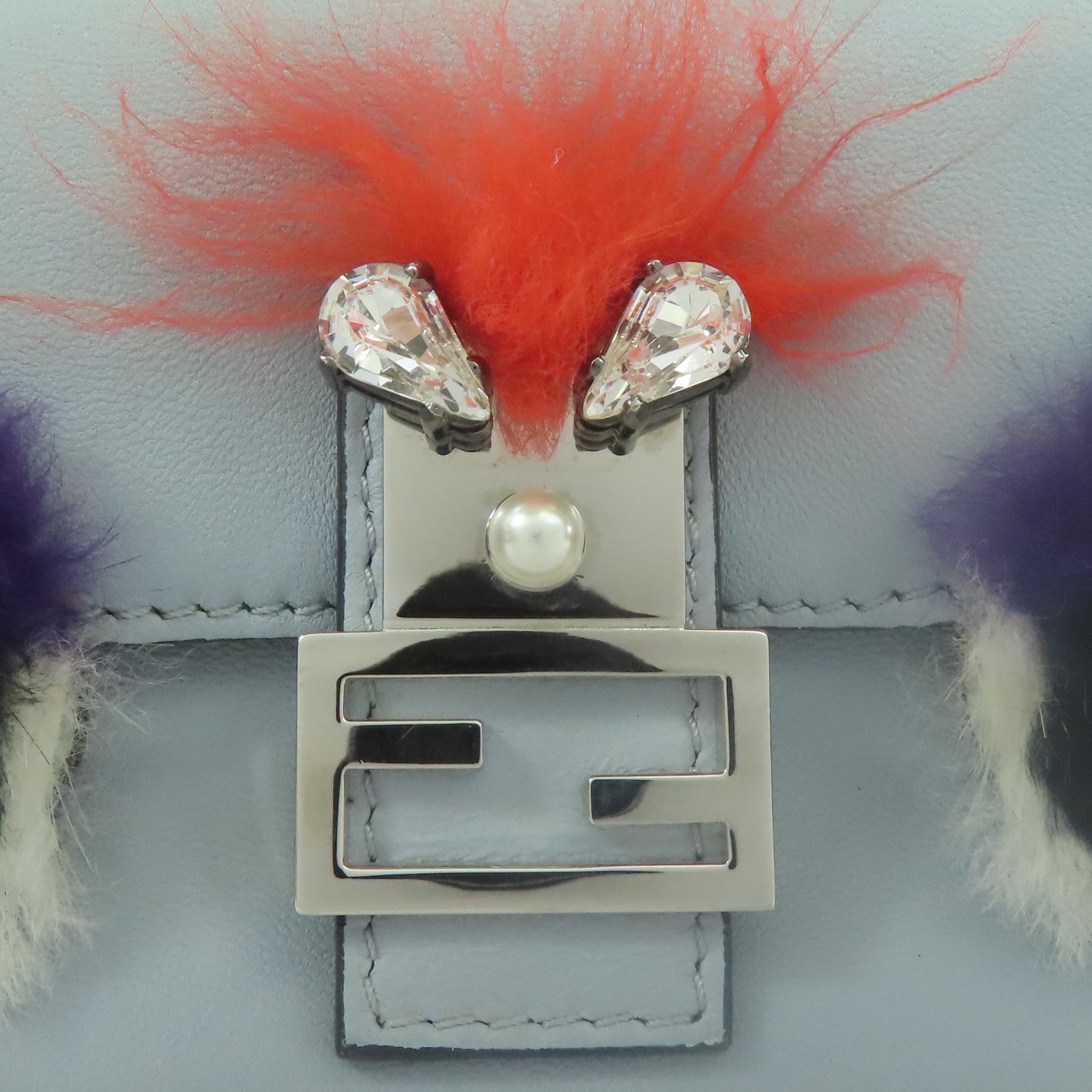 FENDI 牛皮皮革/狐狸毛Shoulder Bag銀扣肩背袋