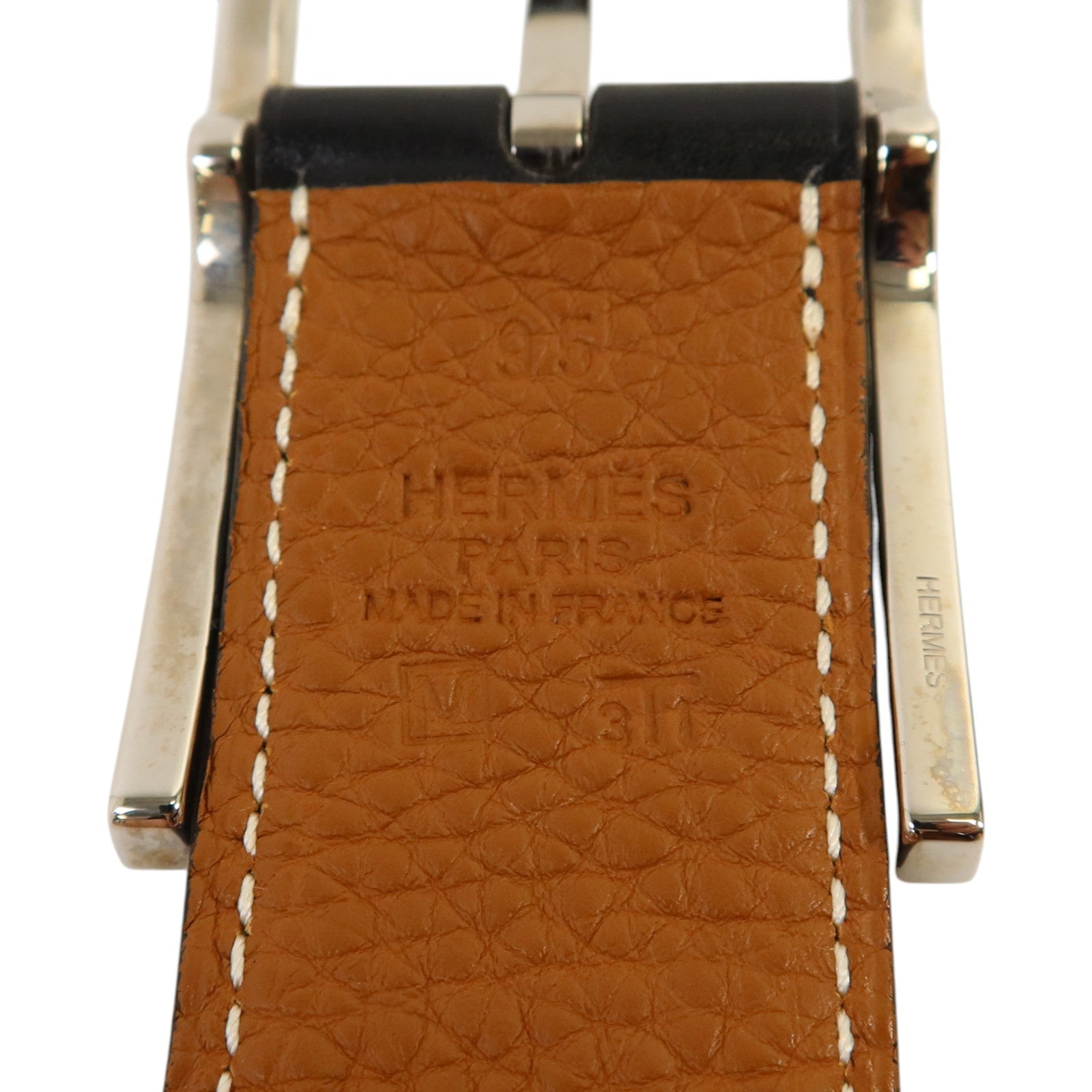 HERMES Box皮革/Togo皮革Quentin Reversible Belt 95cm銀扣皮帶Noir/Gold