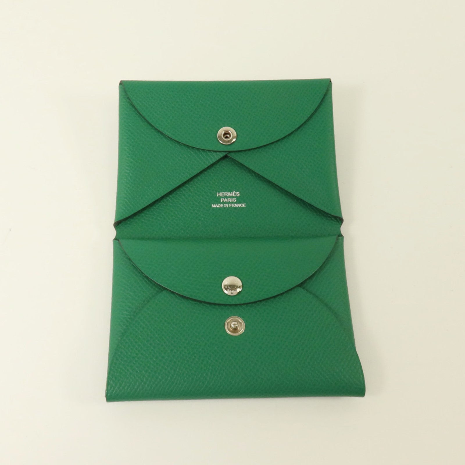 HERMES Epsom皮革Calvi Duo Compact銀扣卡片套Cactus