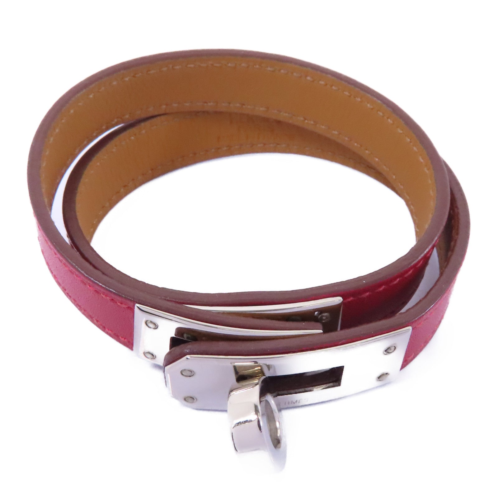 HERMES Swift皮革Kelly Double Tour Bracelet銀扣手鏈Rough H/紅色