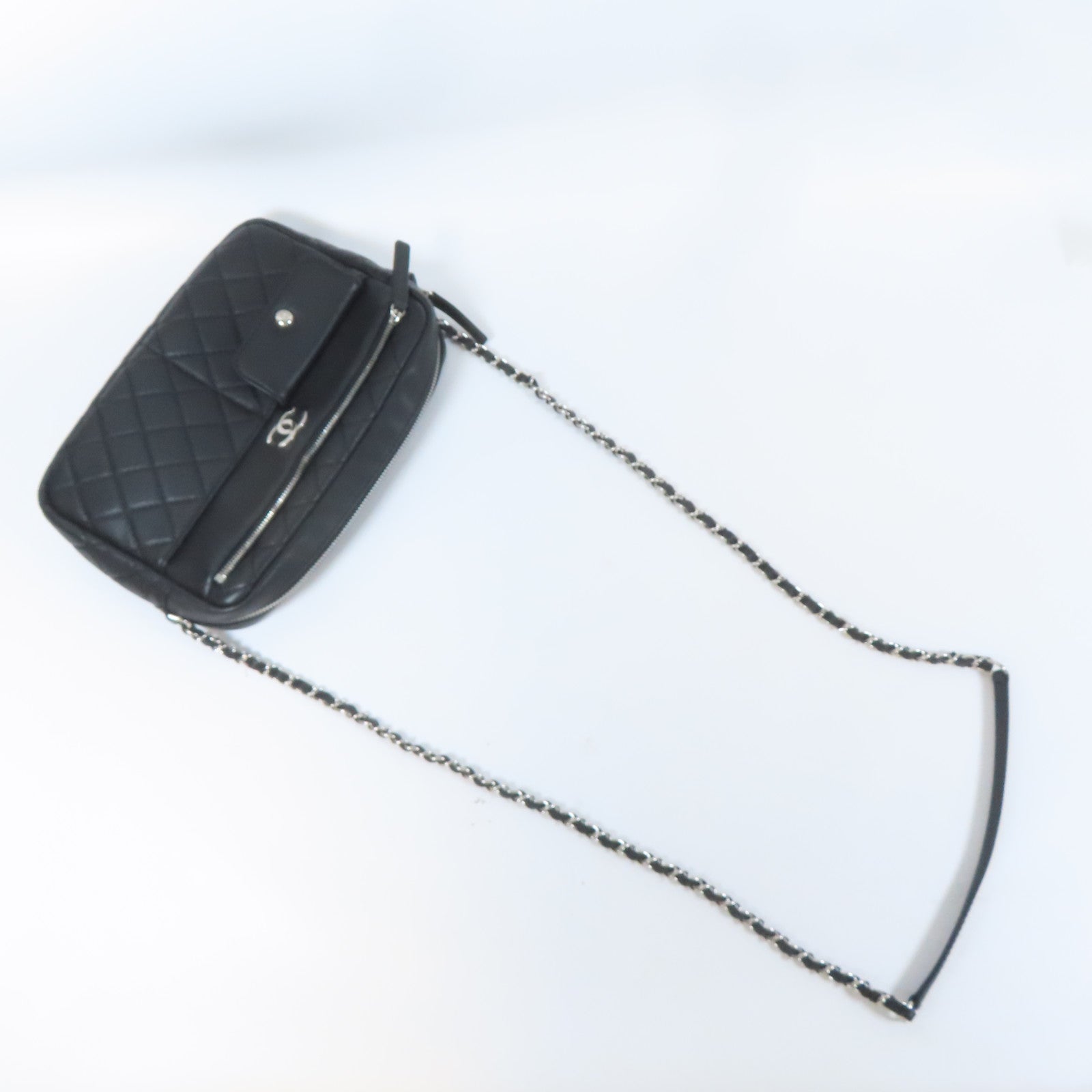 CHANEL 菱格牛皮皮革Chain Shoulder Bag銀扣鏈帶肩背袋黑色