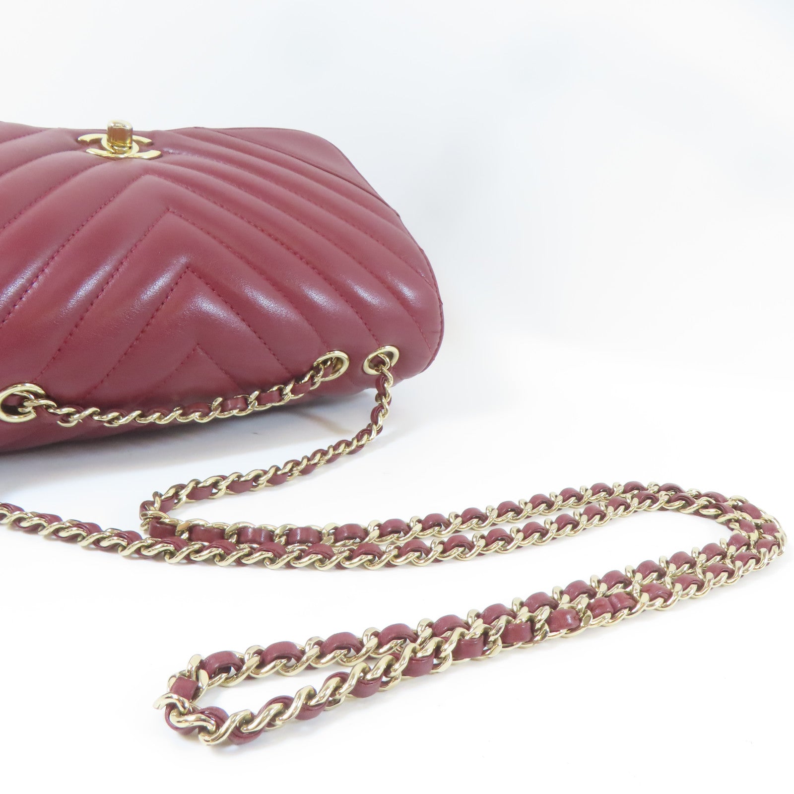 CHANEL 斜紋羊皮皮革Chain Flap Bag金扣鏈帶肩背袋紅色