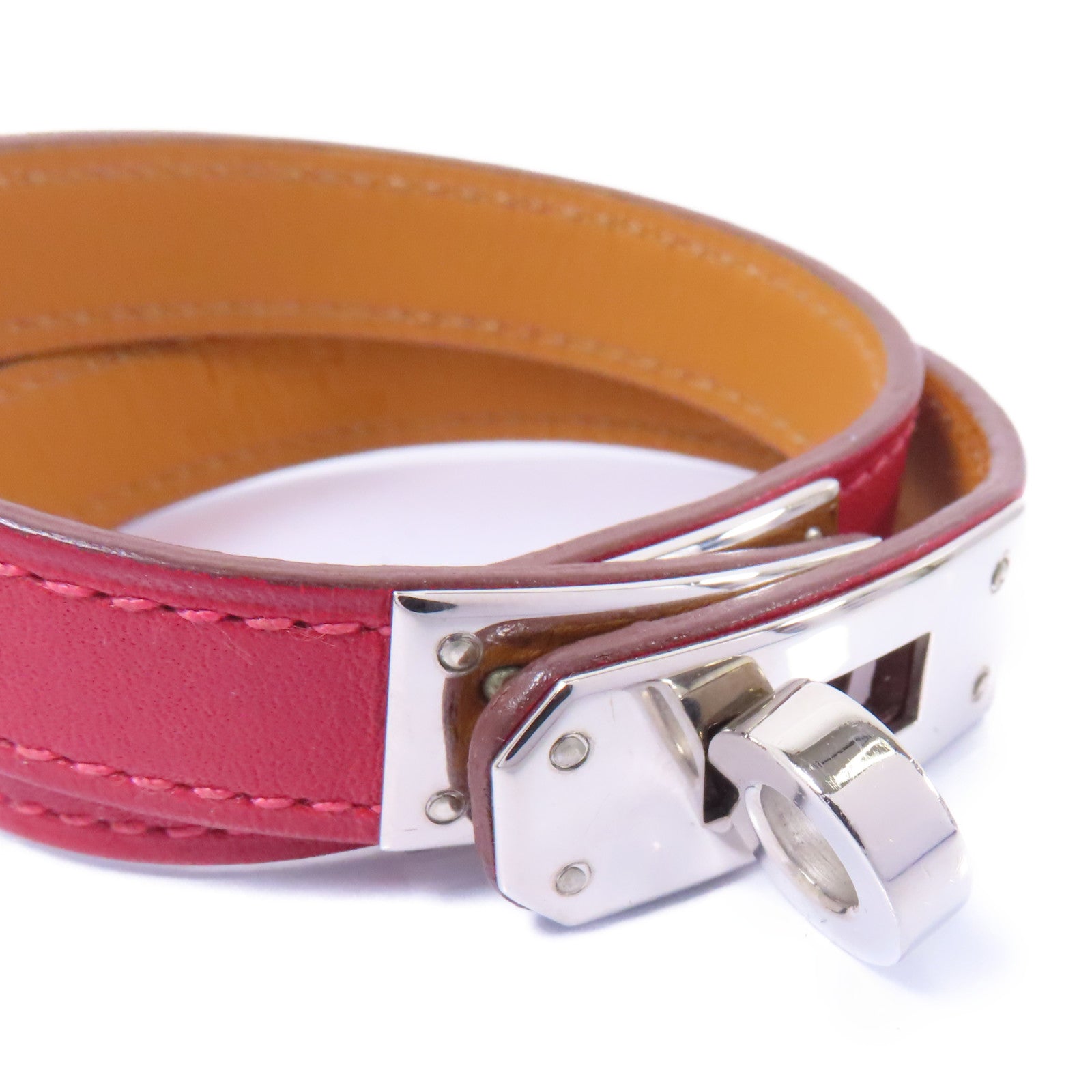 HERMES Swift皮革Kelly Double Tour Bracelet銀扣手鏈Rough H/紅色