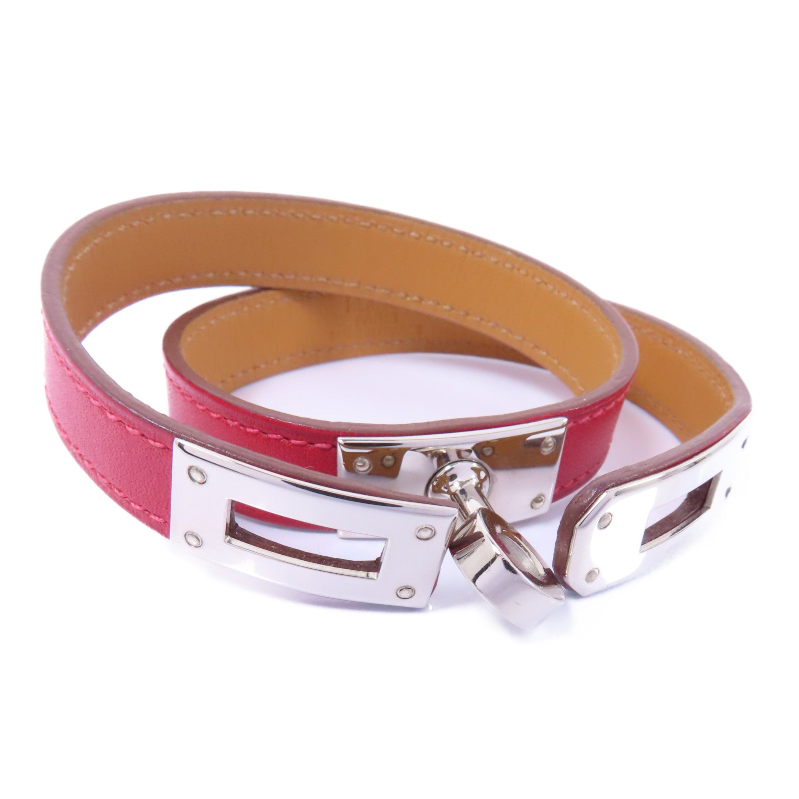 HERMES Swift皮革Kelly Double Tour Bracelet銀扣手鏈Rough H/紅色