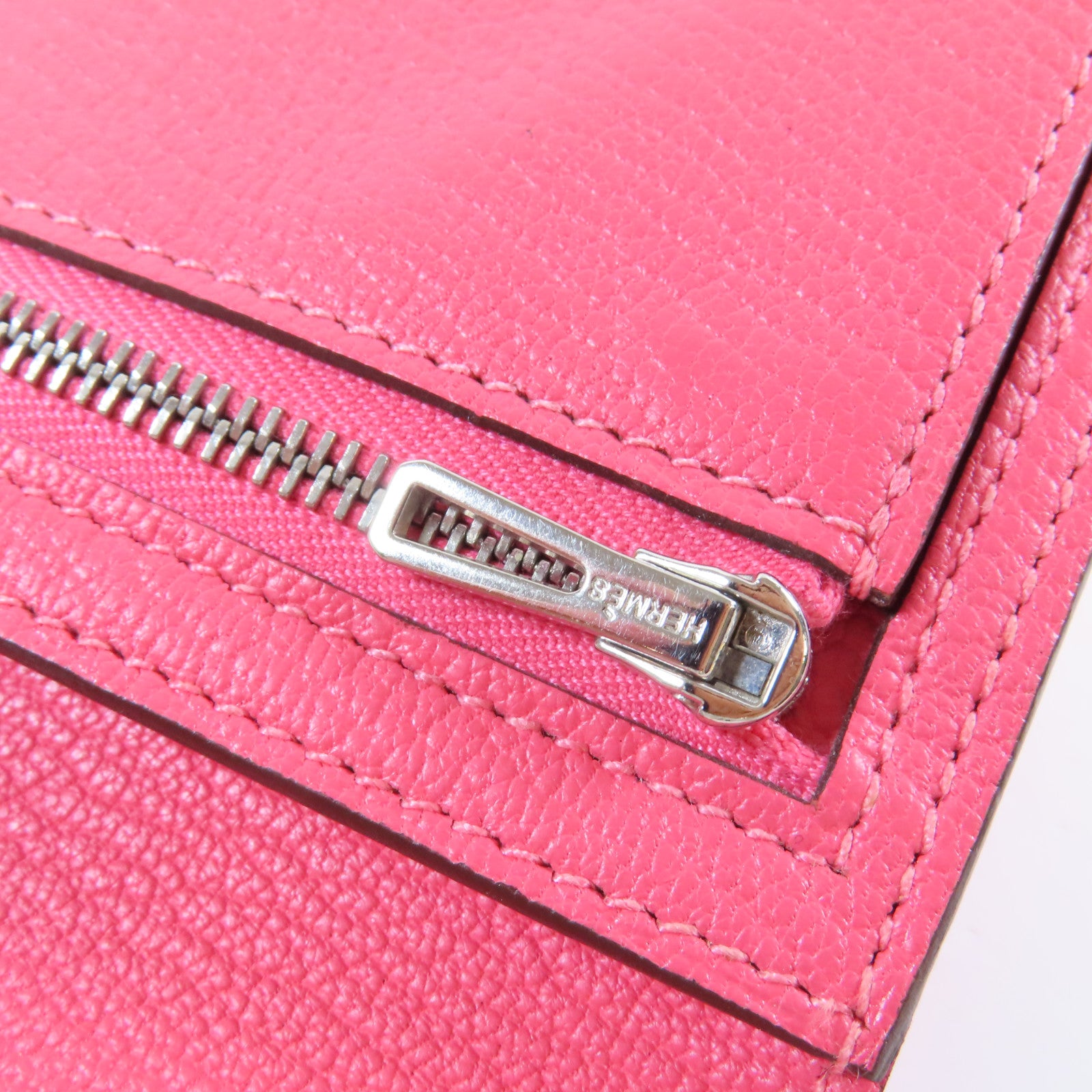 HERMES 【激減優惠】Chevre皮革Bearn Wallet銀扣錢包Rose Azalee杜鵑粉紅色