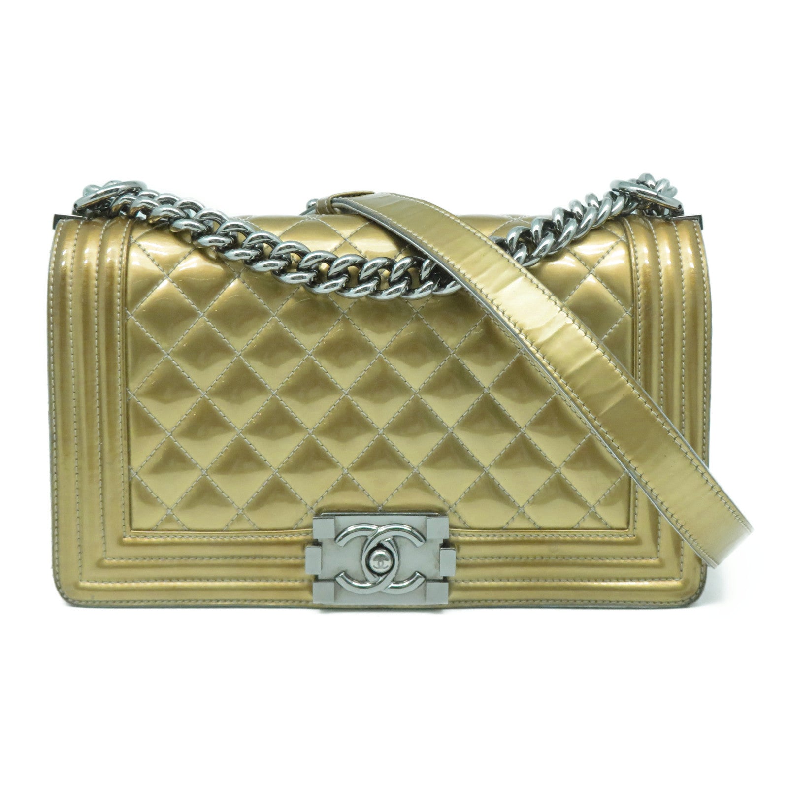 CHANEL 【清倉大減價】菱格漆皮皮革Boy Chanel 25cm銀扣鏈帶肩背袋金色/銀色