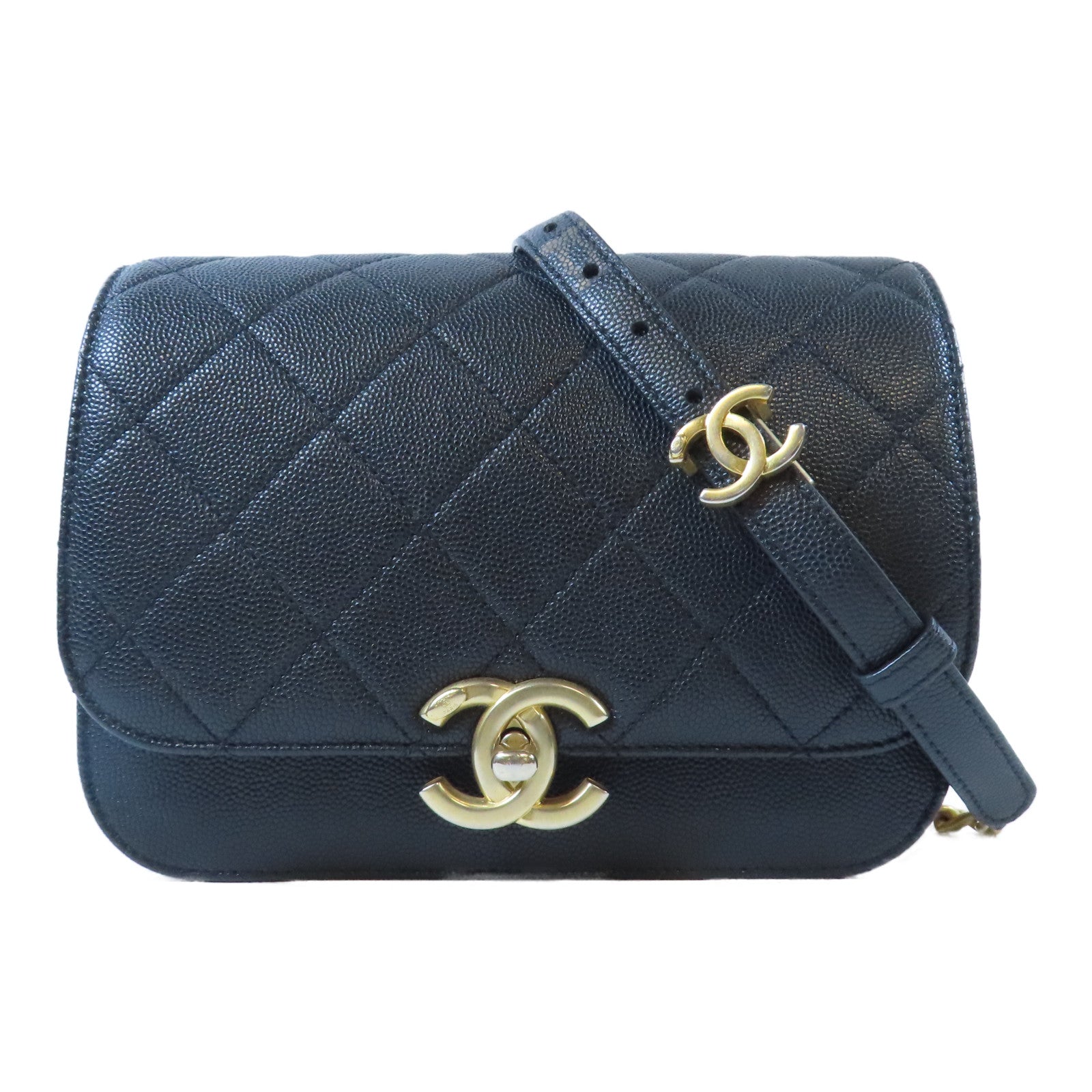 CHANEL 菱格Caviar皮革Chain Flap Bag金扣鏈帶肩背袋黑色