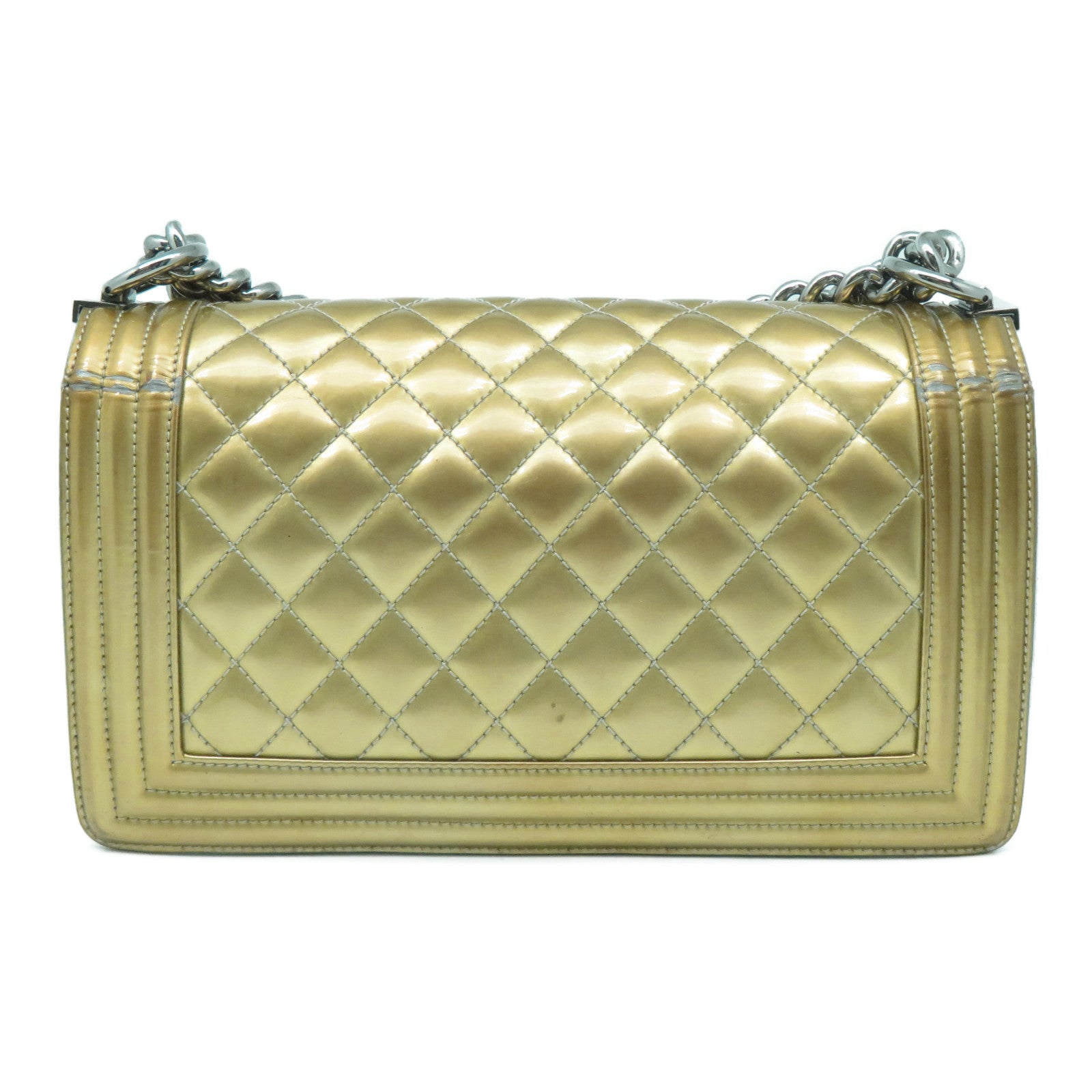 CHANEL 【清倉大減價】菱格漆皮皮革Boy Chanel 25cm銀扣鏈帶肩背袋金色/銀色