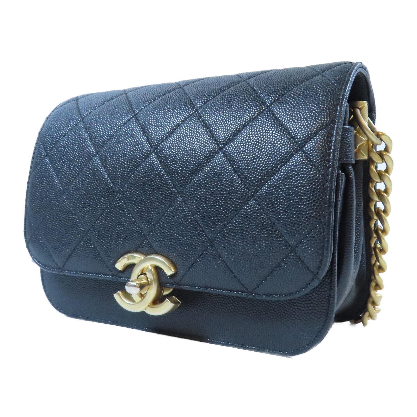 CHANEL 菱格Caviar皮革Chain Flap Bag金扣鏈帶肩背袋黑色