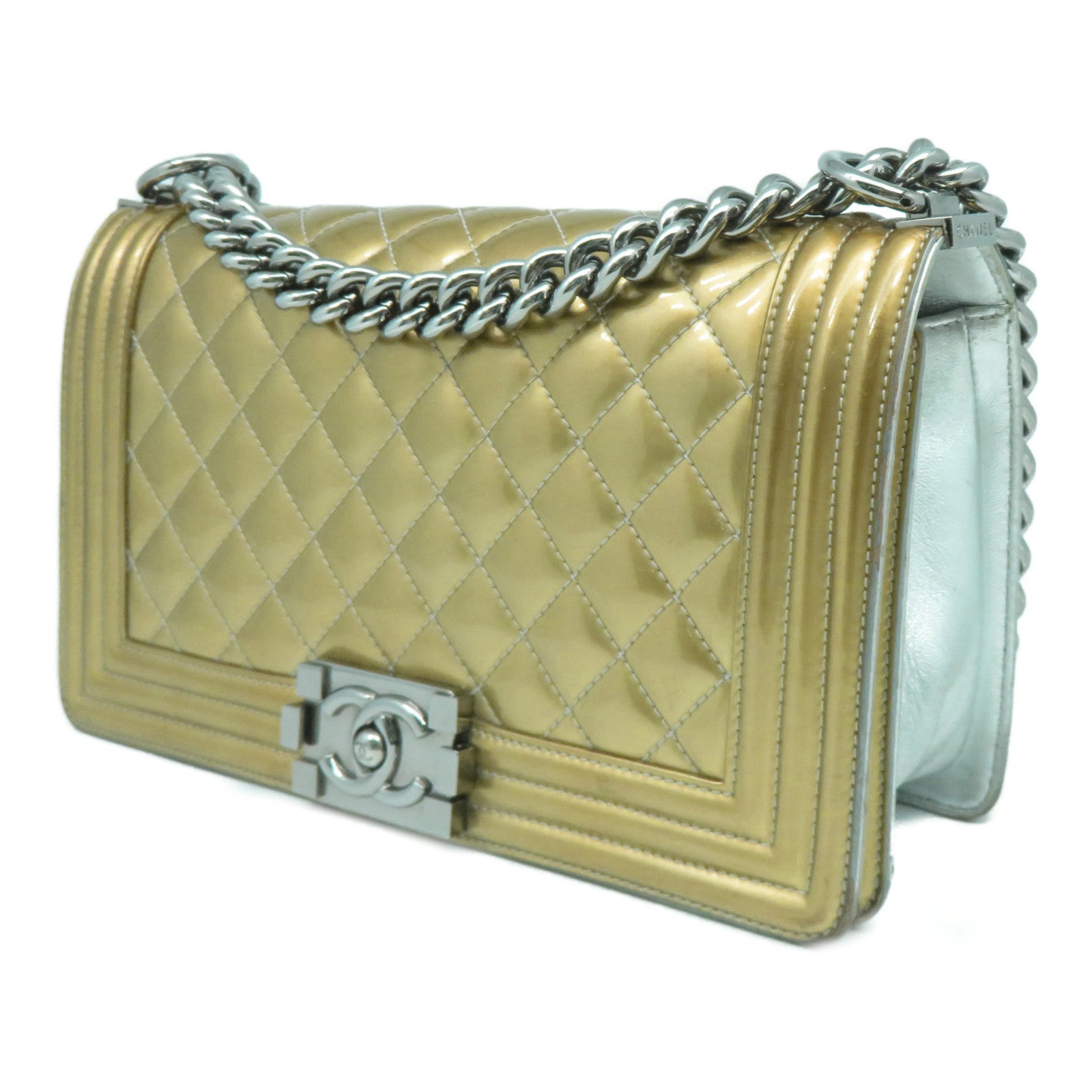 CHANEL 【清倉大減價】菱格漆皮皮革Boy Chanel 25cm銀扣鏈帶肩背袋金色/銀色