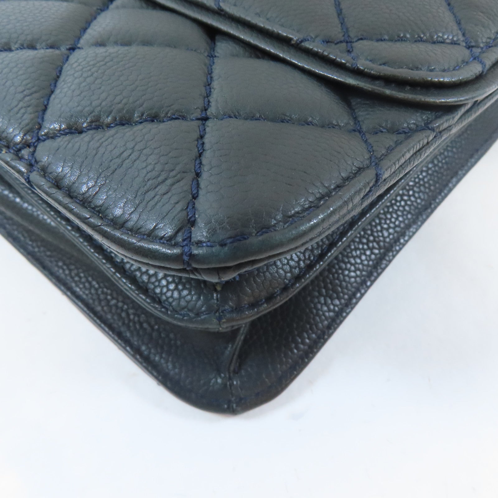 CHANEL 菱格Caviar皮革Chain Shoulder銀扣鏈帶肩背袋深綠色