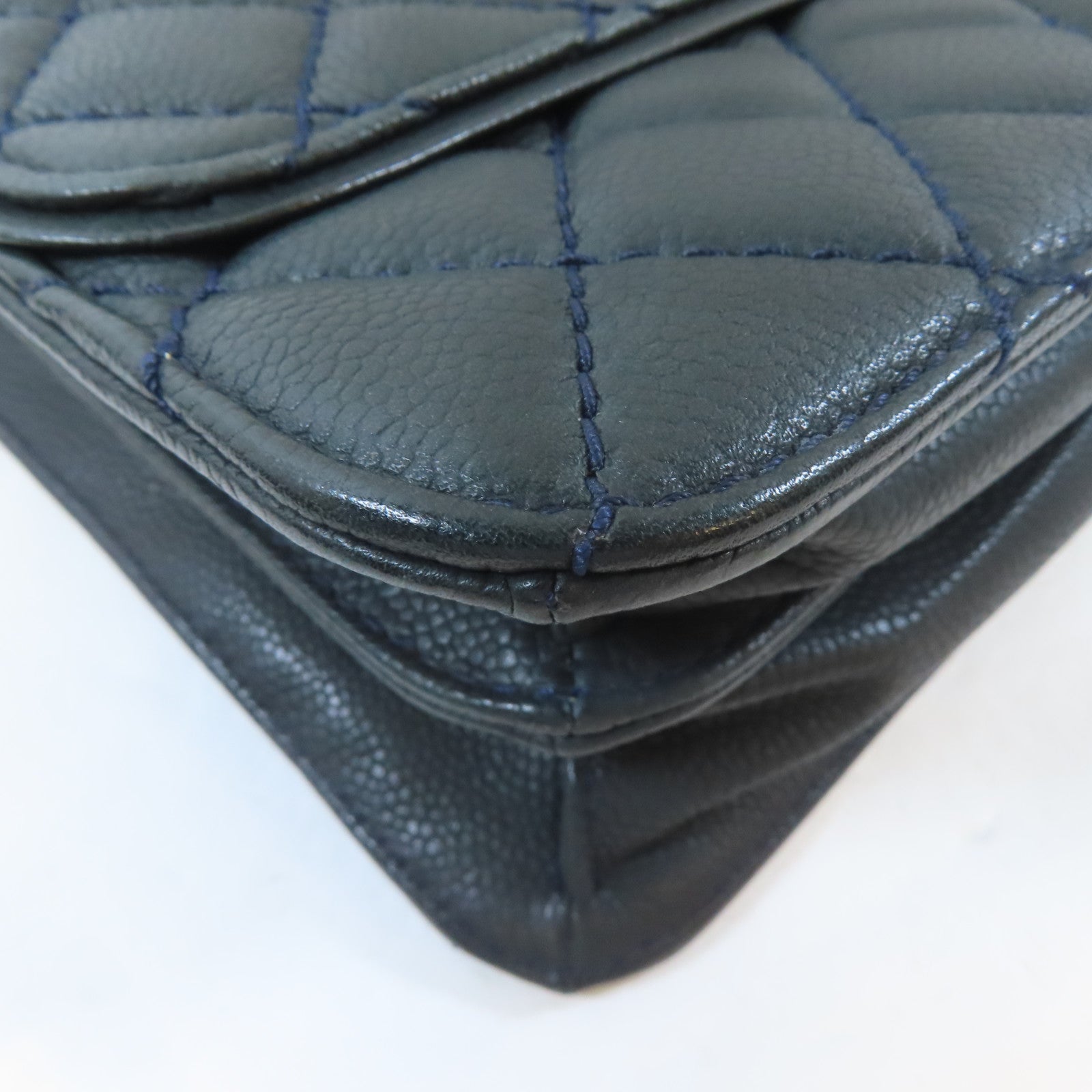 CHANEL 菱格Caviar皮革Chain Shoulder銀扣鏈帶肩背袋深綠色