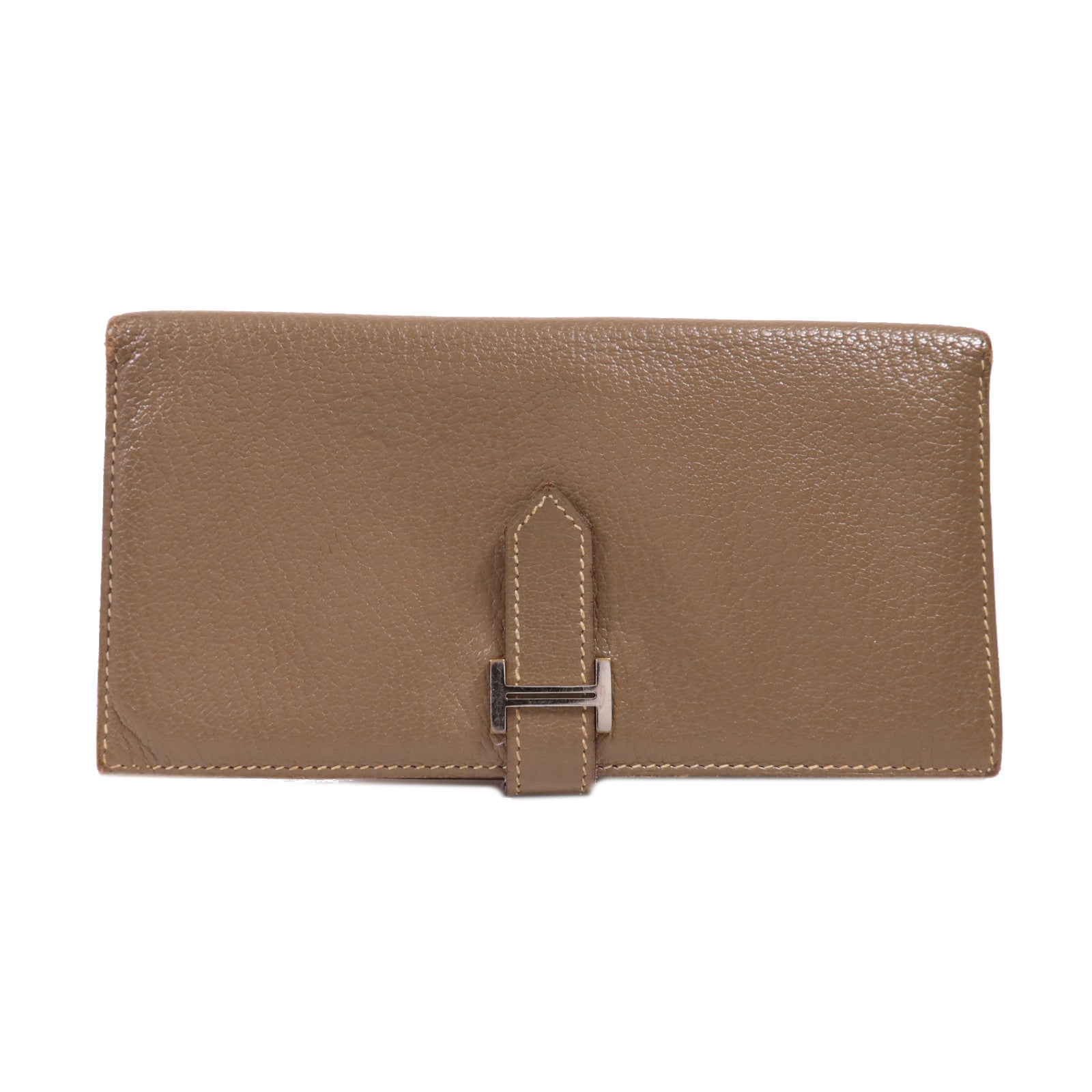 HERMES 【激減優惠】Chevre皮革Bearn Wallet金扣長錢包Etoupe