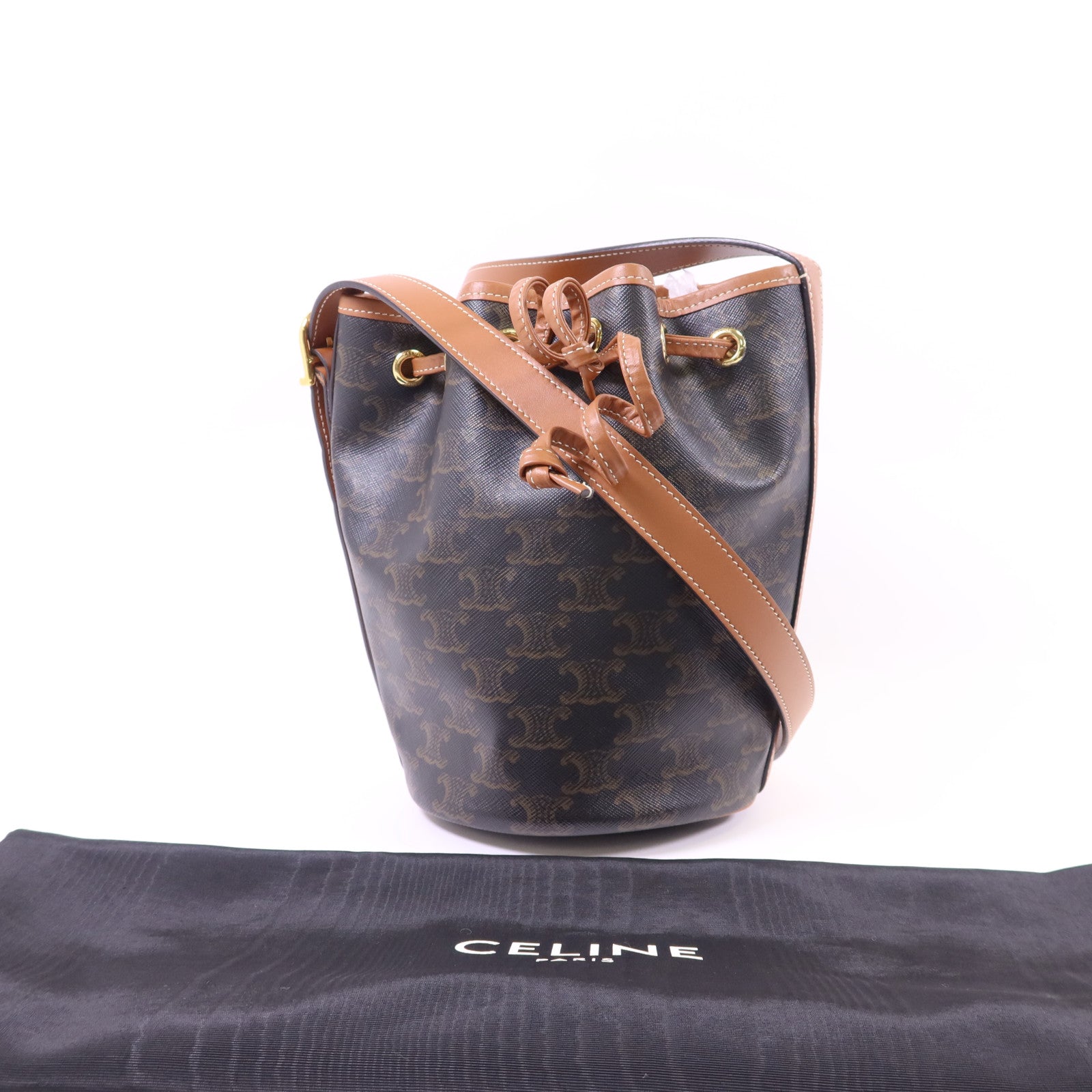 CELINE 塗層帆布Triomphe Drawstring Small Bucket金扣肩背袋