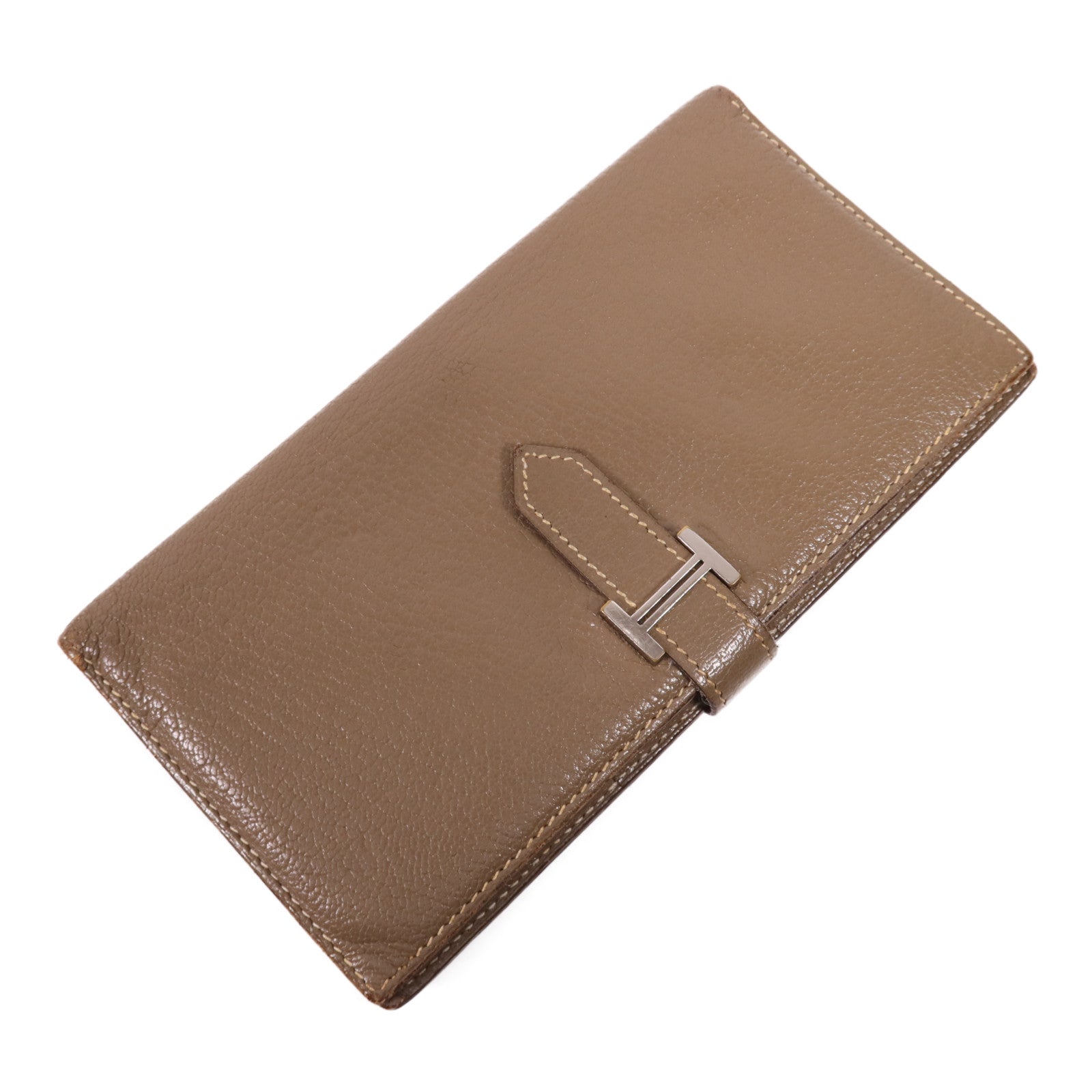 HERMES 【激減優惠】Chevre皮革Bearn Wallet金扣長錢包Etoupe
