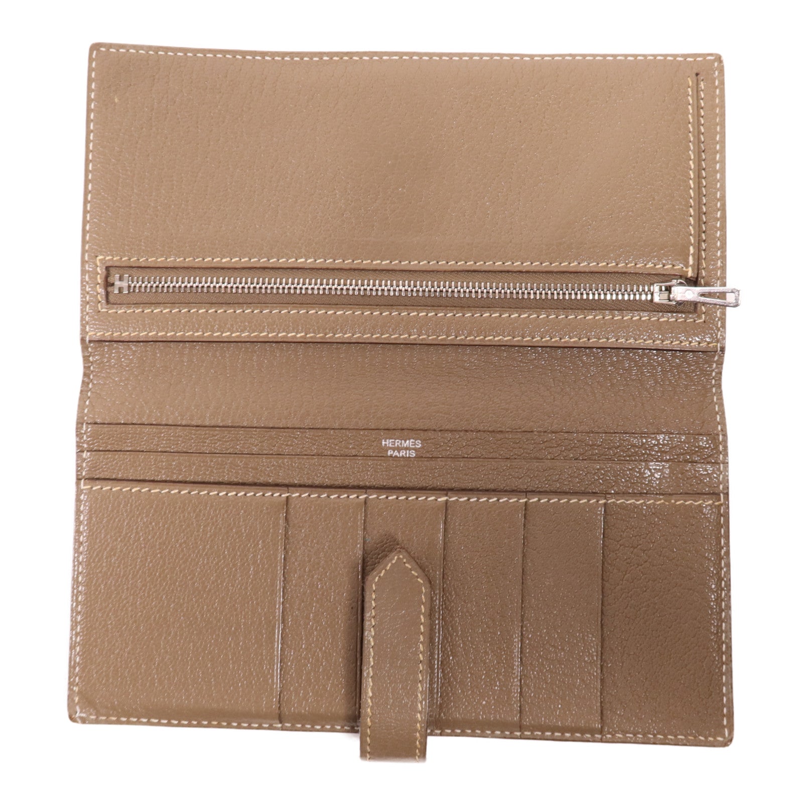 HERMES 【激減優惠】Chevre皮革Bearn Wallet金扣長錢包Etoupe