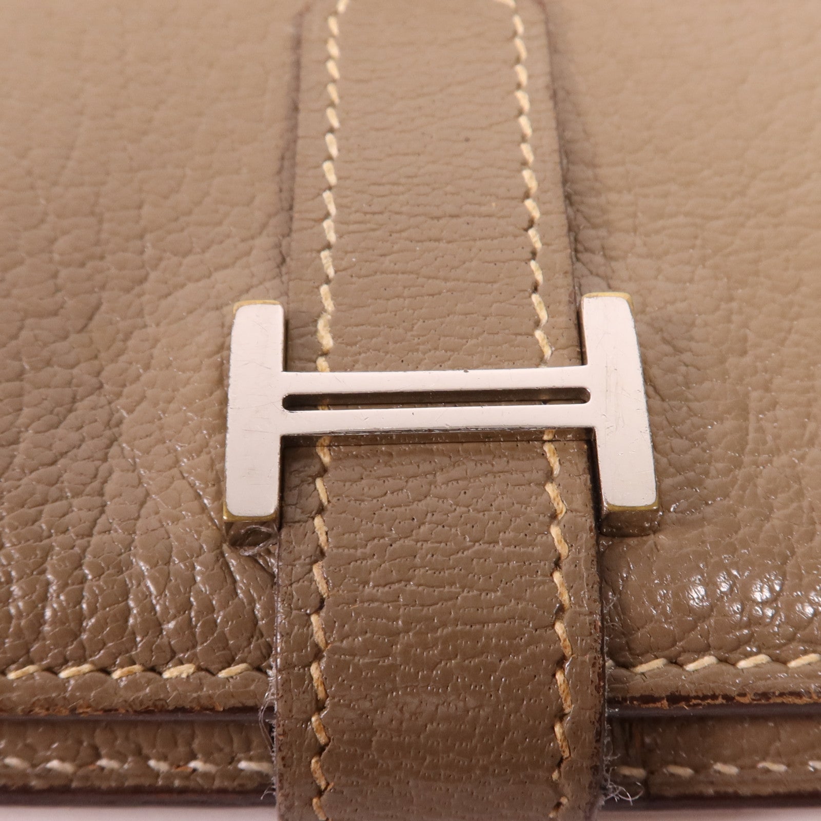 HERMES 【激減優惠】Chevre皮革Bearn Wallet金扣長錢包Etoupe