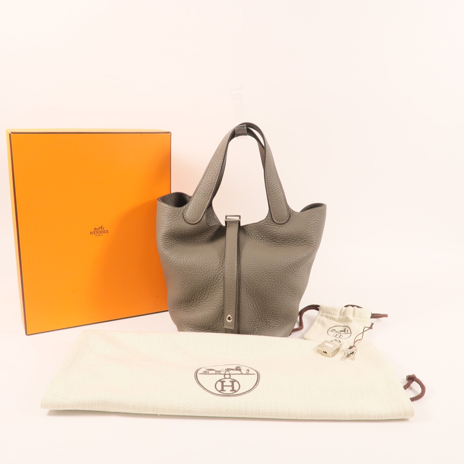 HERMES Clemence皮革Picotin PM銀扣手挽袋Etain