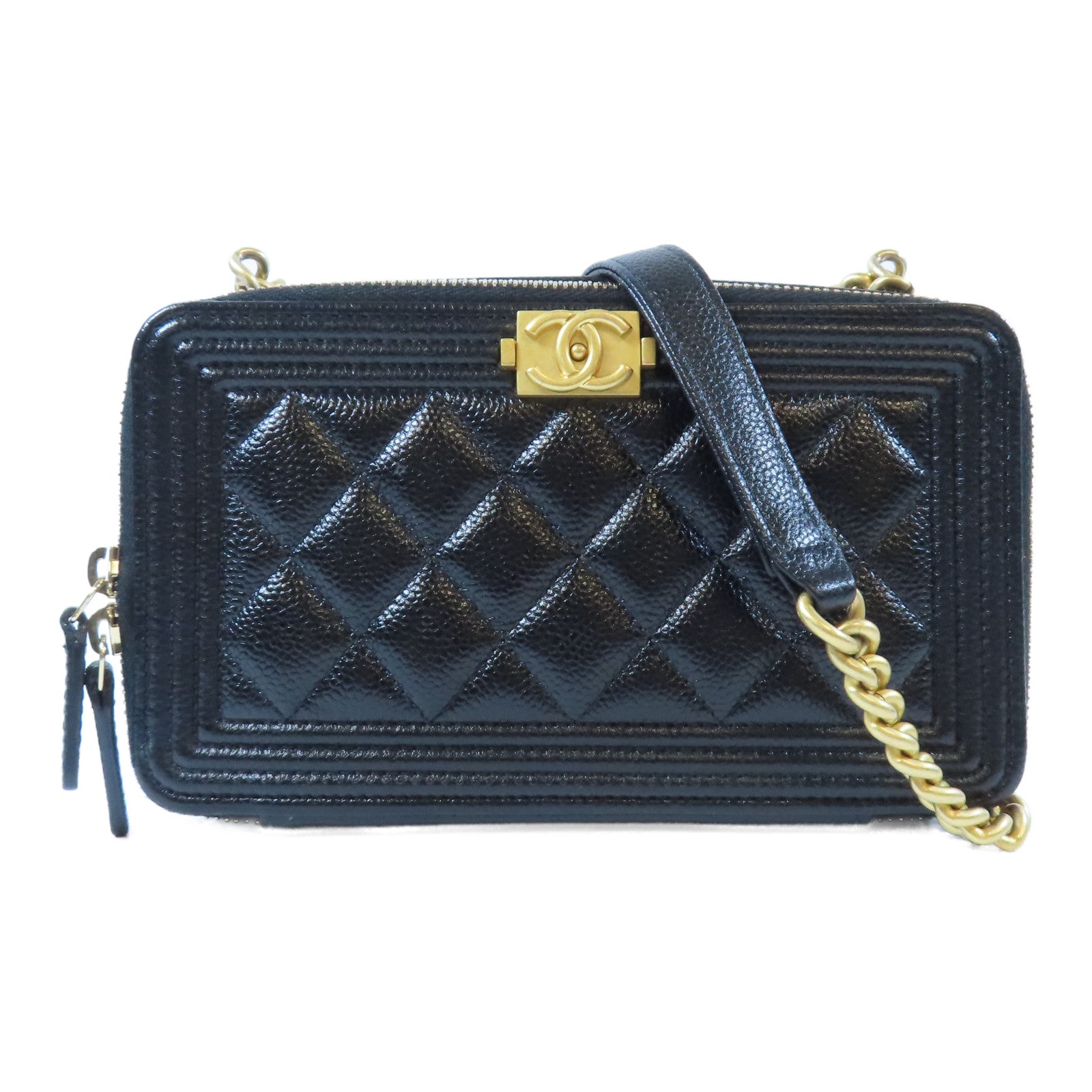 CHANEL 菱格Caviar皮革Boy Wallet On Chain金扣鏈帶肩背袋黑色