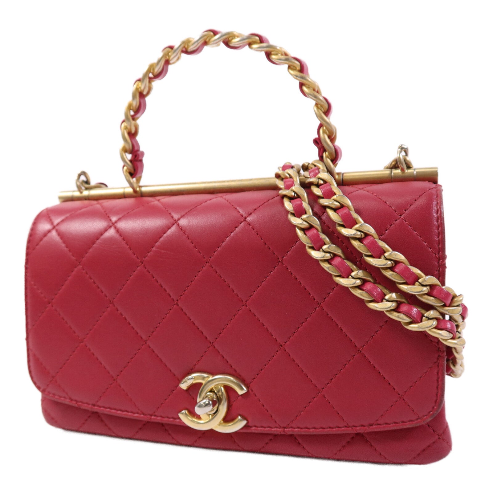 CHANEL 牛皮皮革Chain Shoulder Bag金扣鏈帶手挽肩背兩用袋