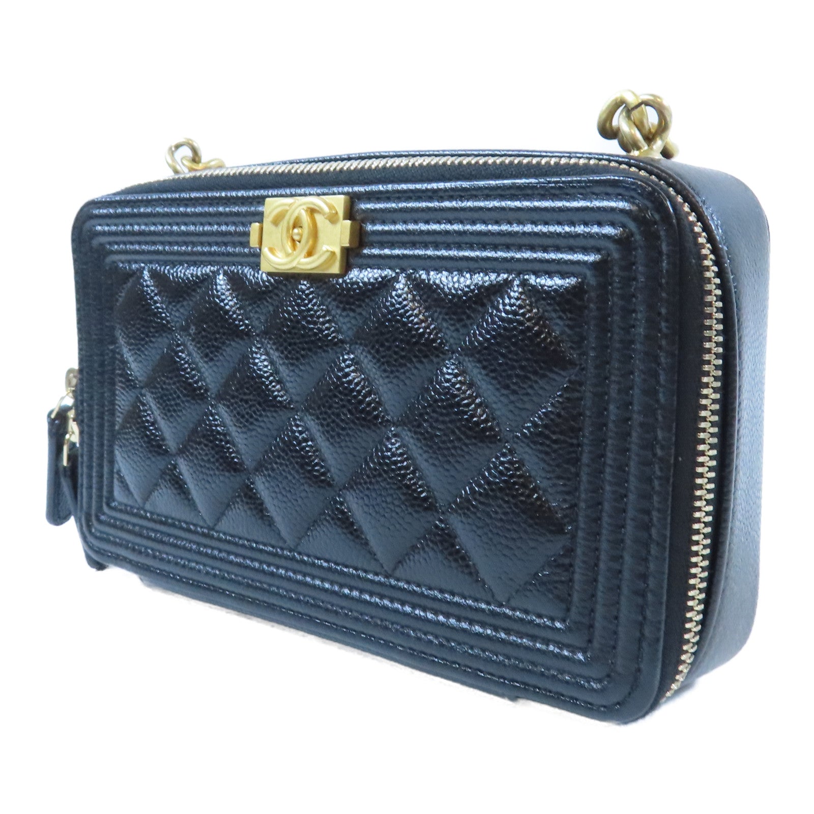 CHANEL 菱格Caviar皮革Boy Wallet On Chain金扣鏈帶肩背袋黑色
