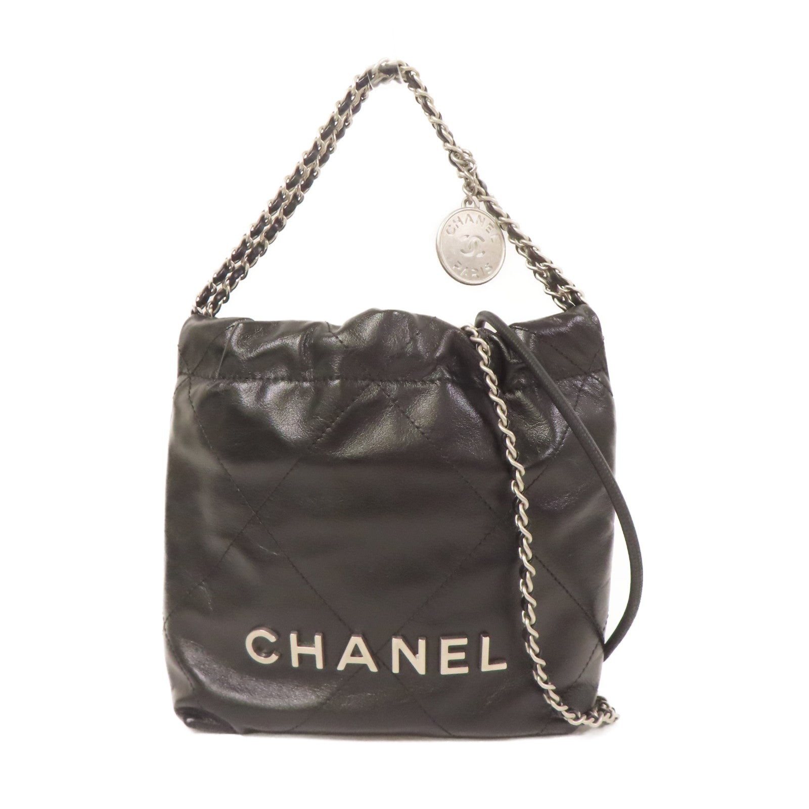 CHANEL 牛皮皮革Mini 22銀扣手挽肩背兩用袋黑色