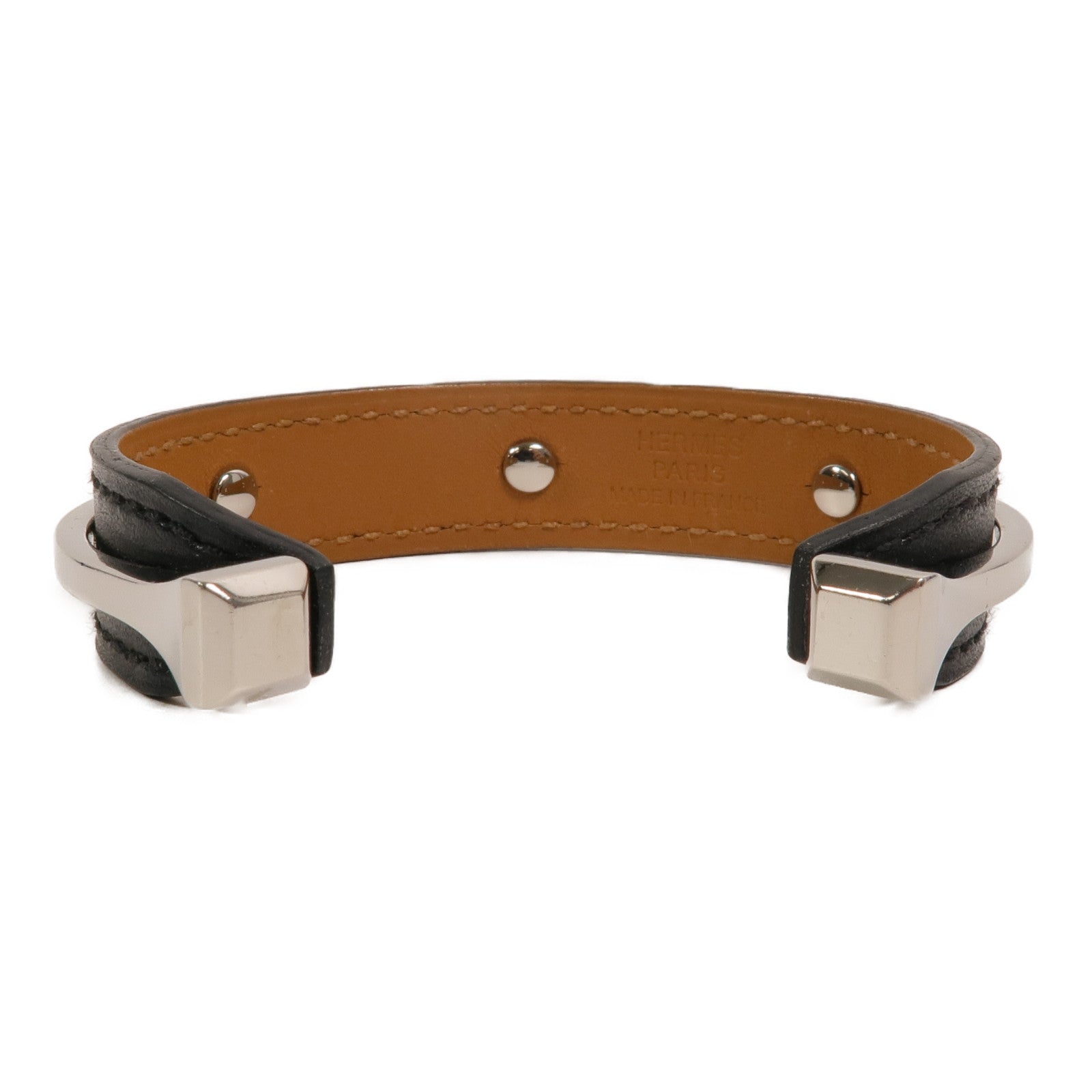HERMES 金屬/Box皮革Open Cuff Bracelet手鐲Noir