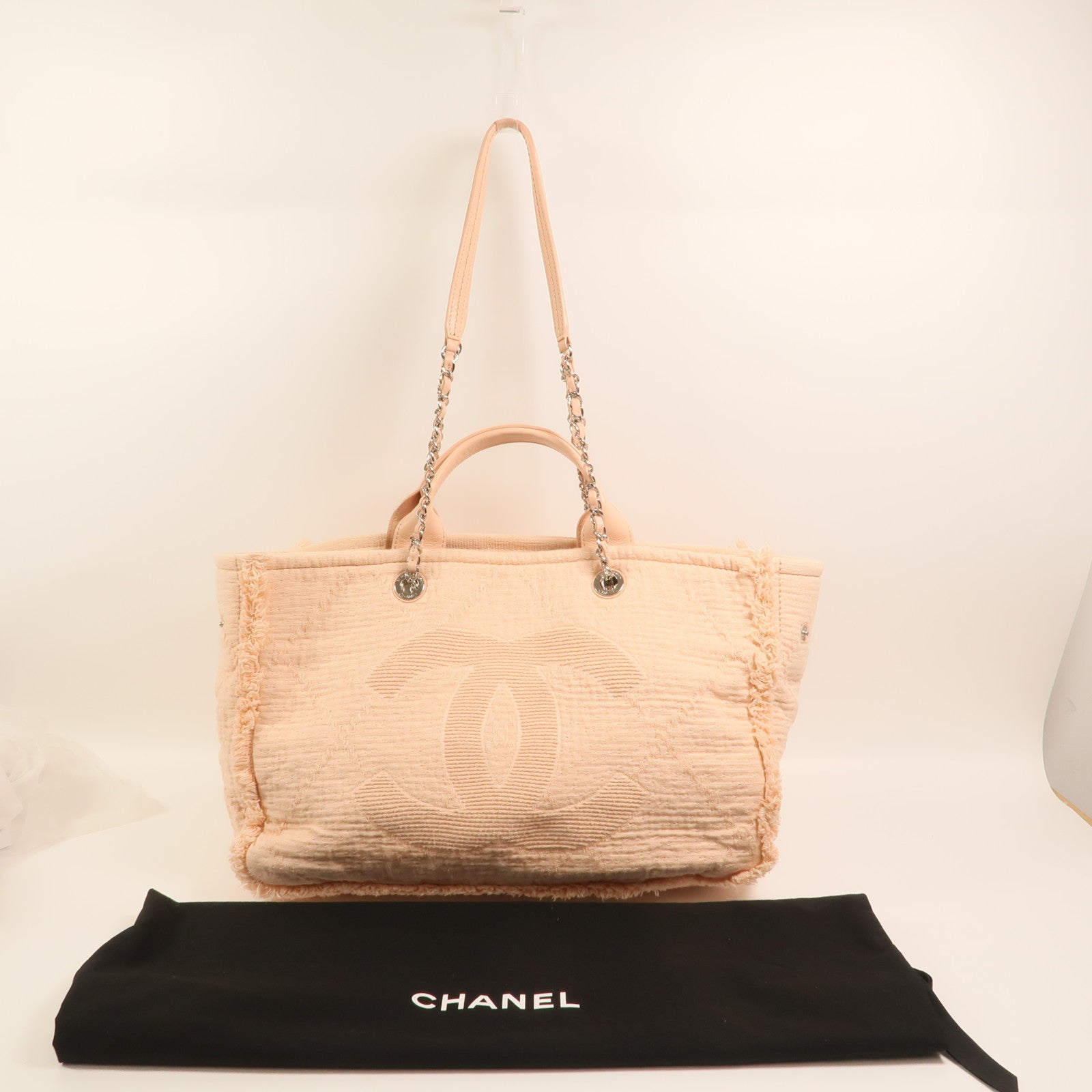 CHANEL 帆布Deauville Tote Bag銀扣手挽肩背兩用袋