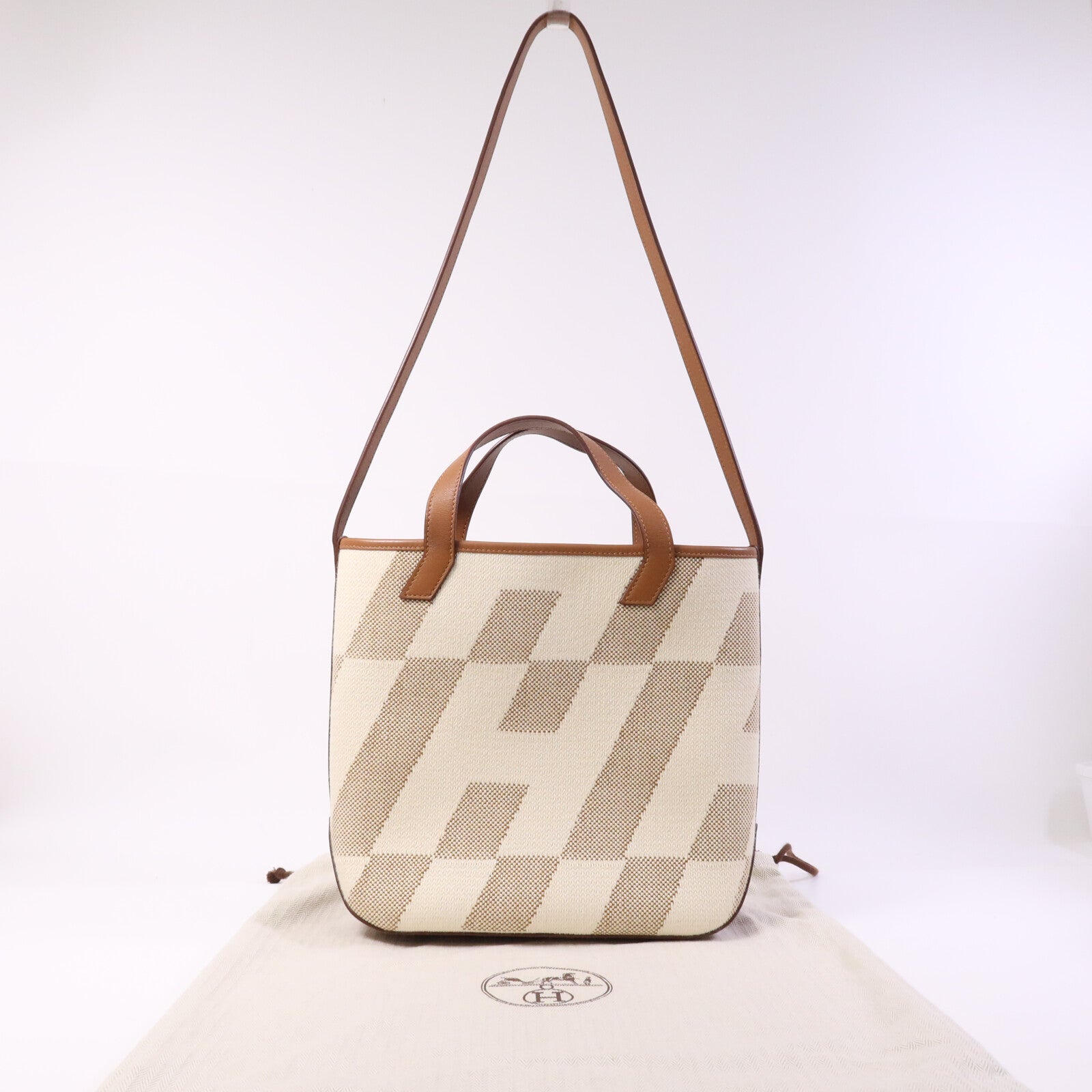 HERMES 帆布Cabas H En Biais 27手挽肩背兩用袋Gold