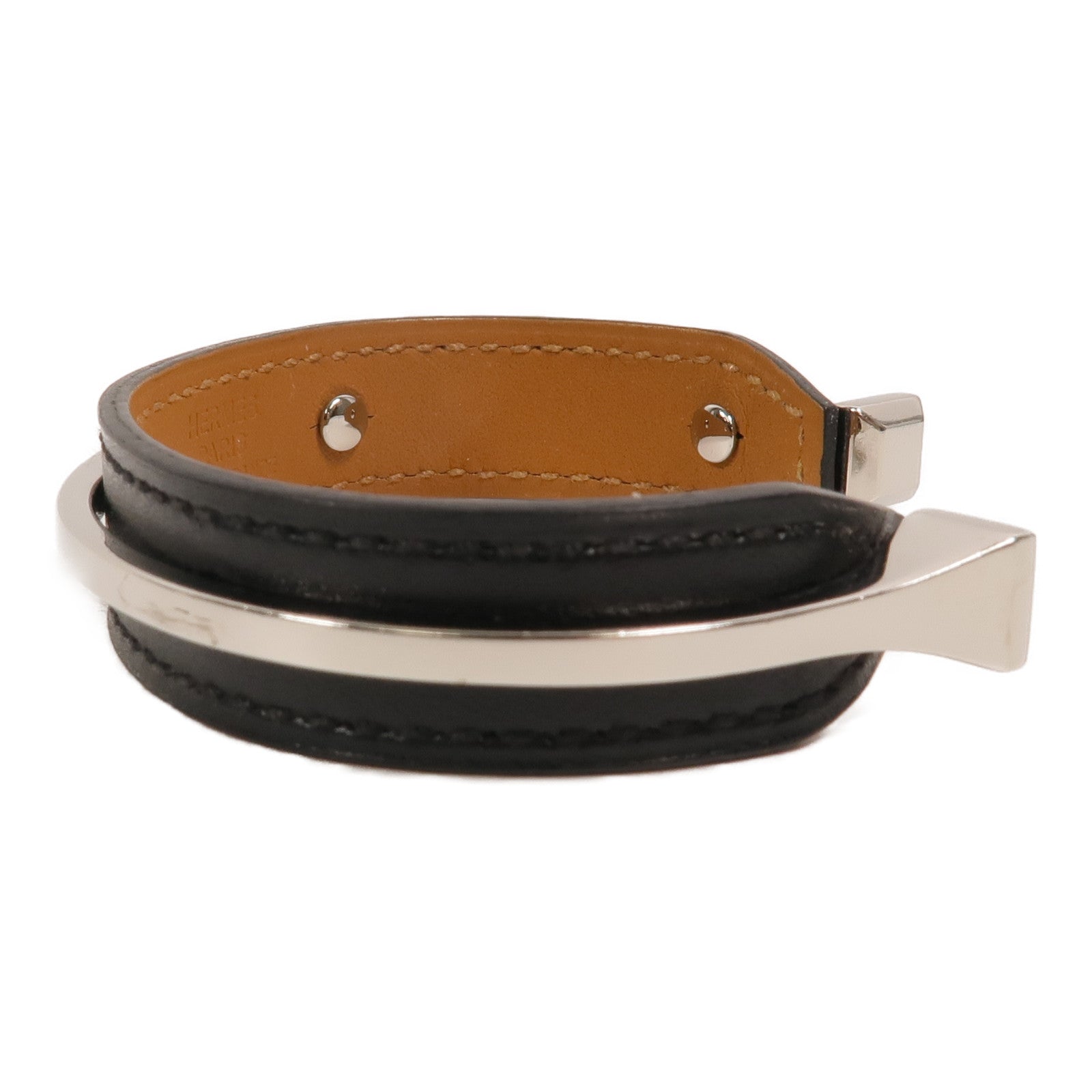 HERMES 金屬/Box皮革Open Cuff Bracelet手鐲Noir
