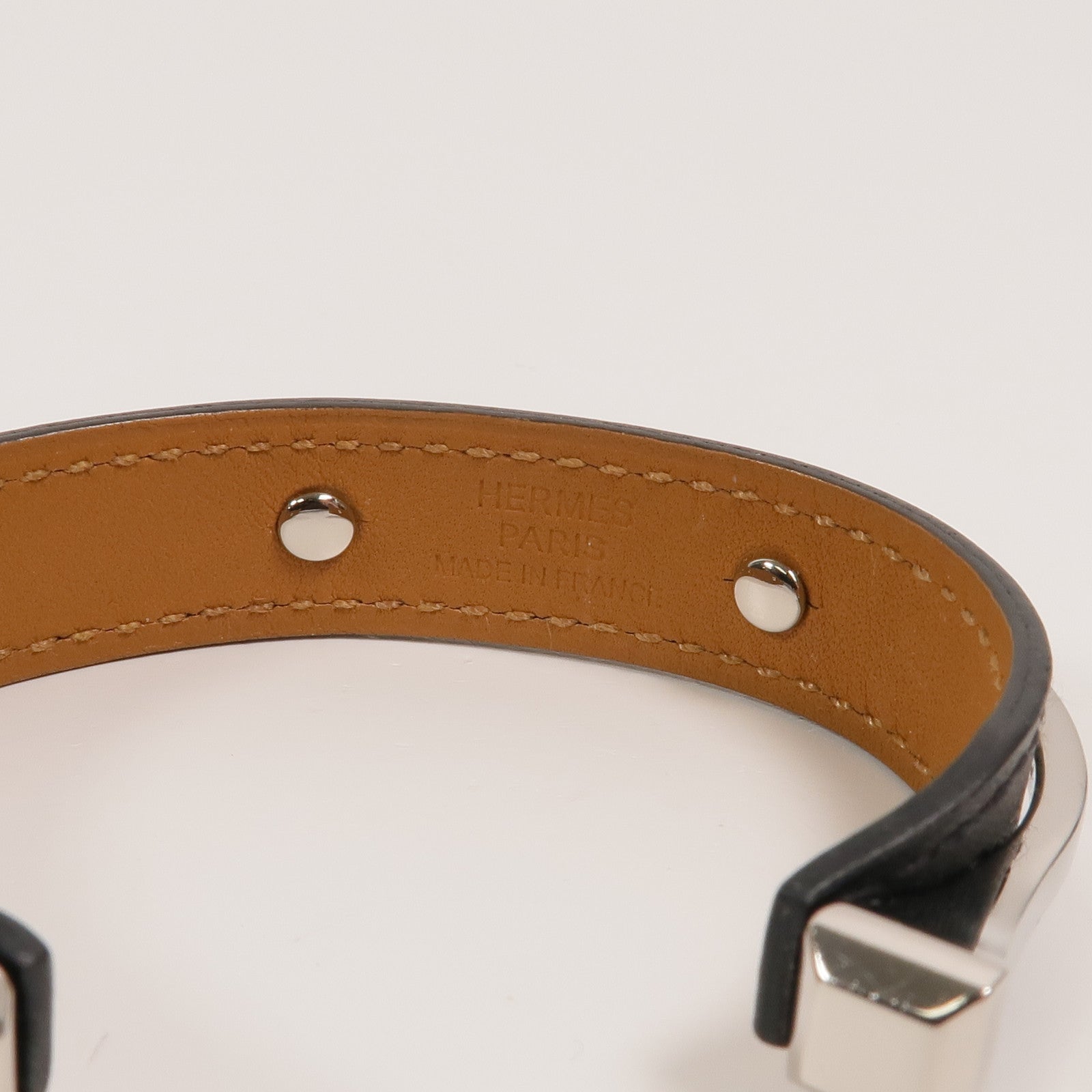 HERMES 金屬/Box皮革Open Cuff Bracelet手鐲Noir
