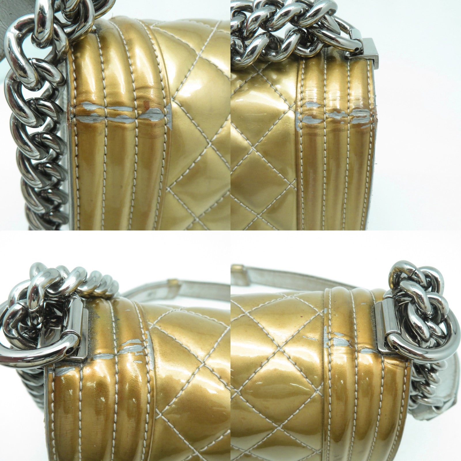 CHANEL 【清倉大減價】菱格漆皮皮革Boy Chanel 25cm銀扣鏈帶肩背袋金色/銀色