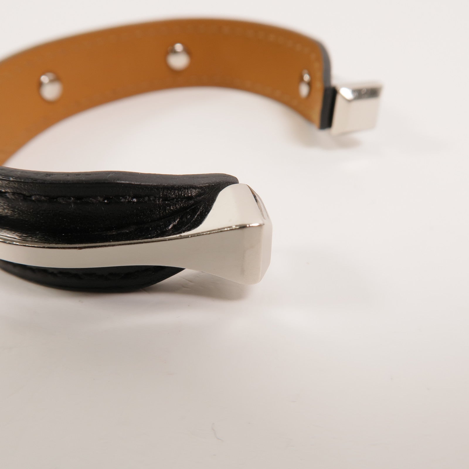 HERMES 金屬/Box皮革Open Cuff Bracelet手鐲Noir