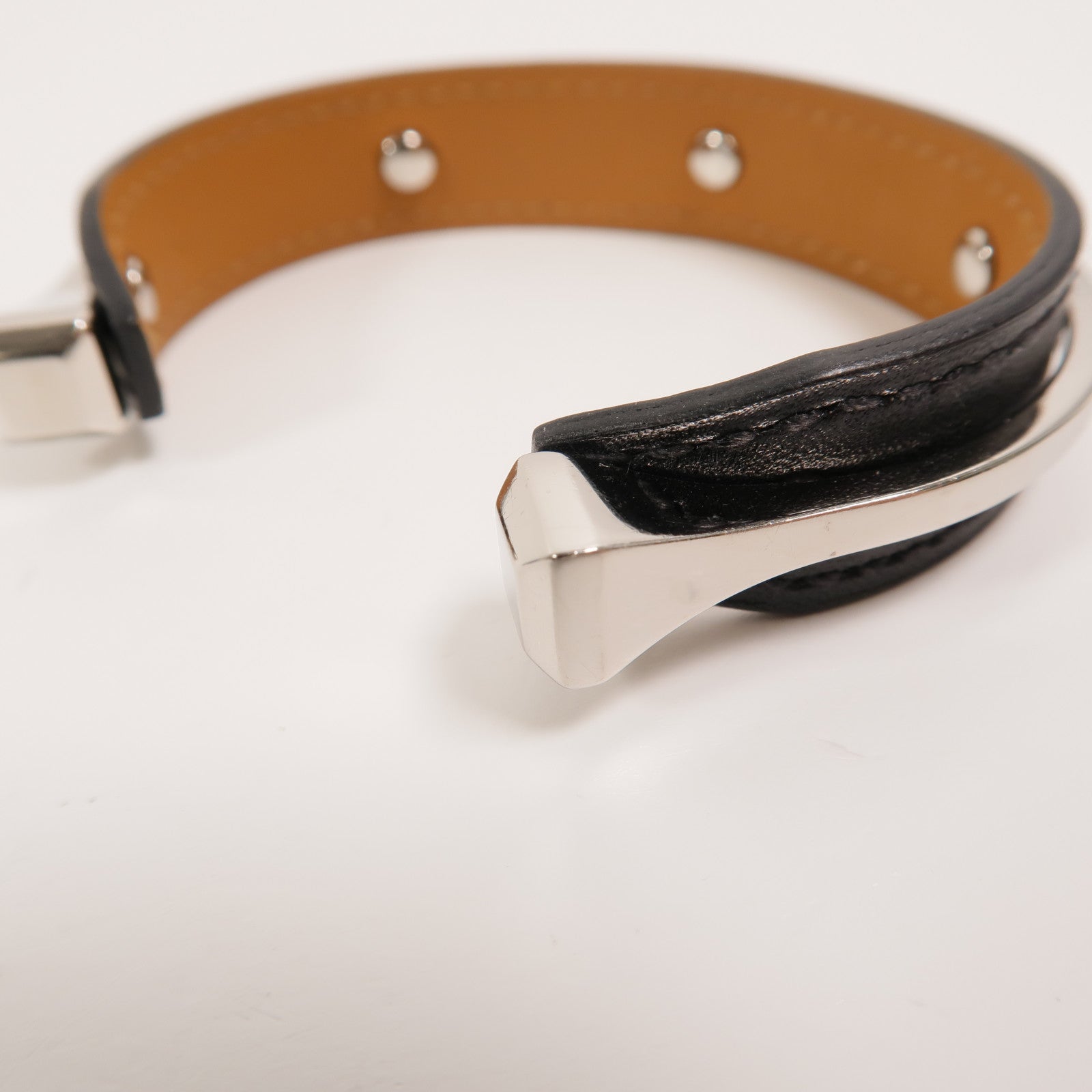 HERMES 金屬/Box皮革Open Cuff Bracelet手鐲Noir