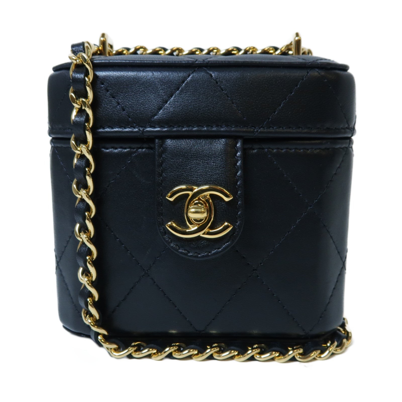 CHANEL 菱格羊皮皮革Chain Shoulder金扣鏈帶肩背袋黑色