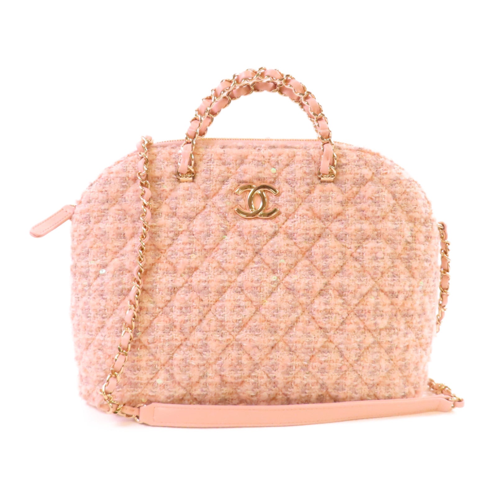 CHANEL 斜紋軟呢Small Chain 2Way Shoulder Bag金扣手挽肩背兩用袋粉紅色