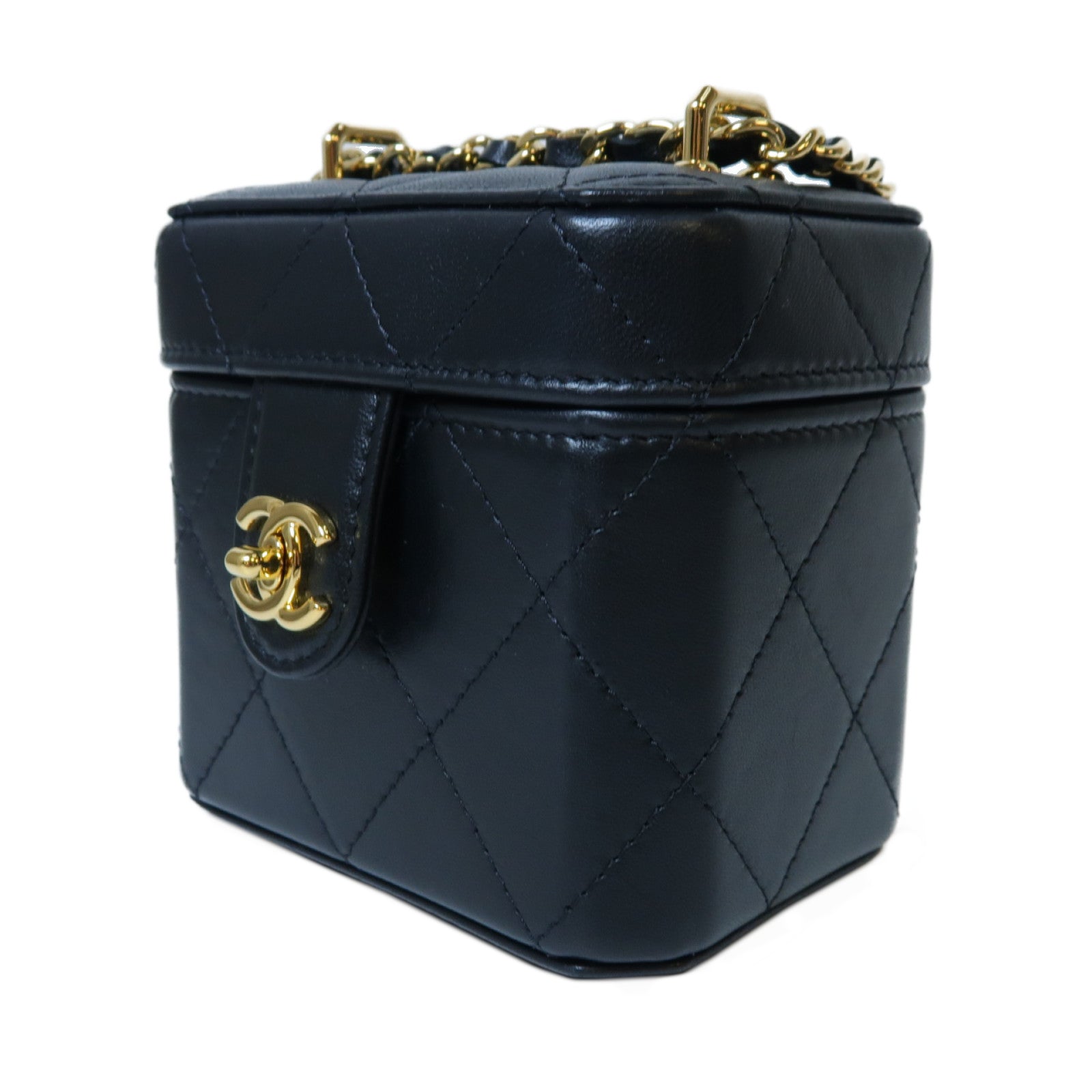 CHANEL 菱格羊皮皮革Chain Shoulder金扣鏈帶肩背袋黑色
