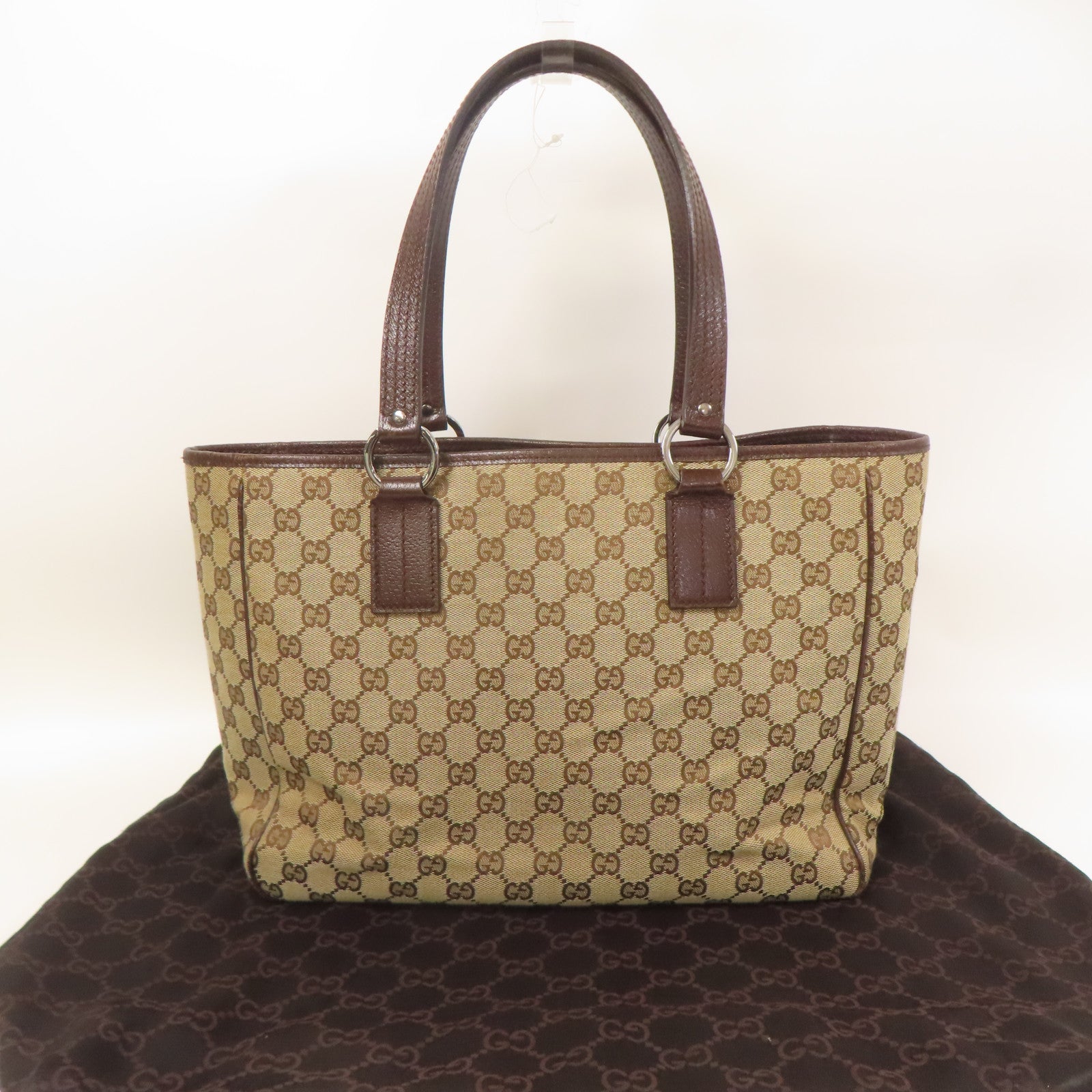 GUCCI 帆布GG Tote Bag銀扣肩背袋/手挽袋棕色