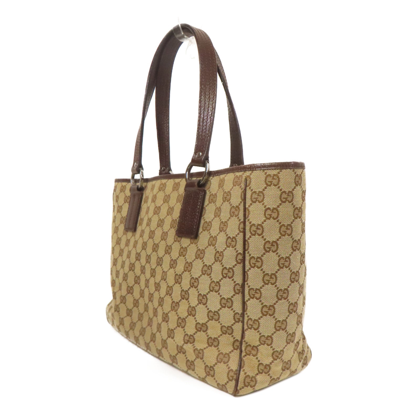 GUCCI 帆布GG Tote Bag銀扣肩背袋/手挽袋棕色