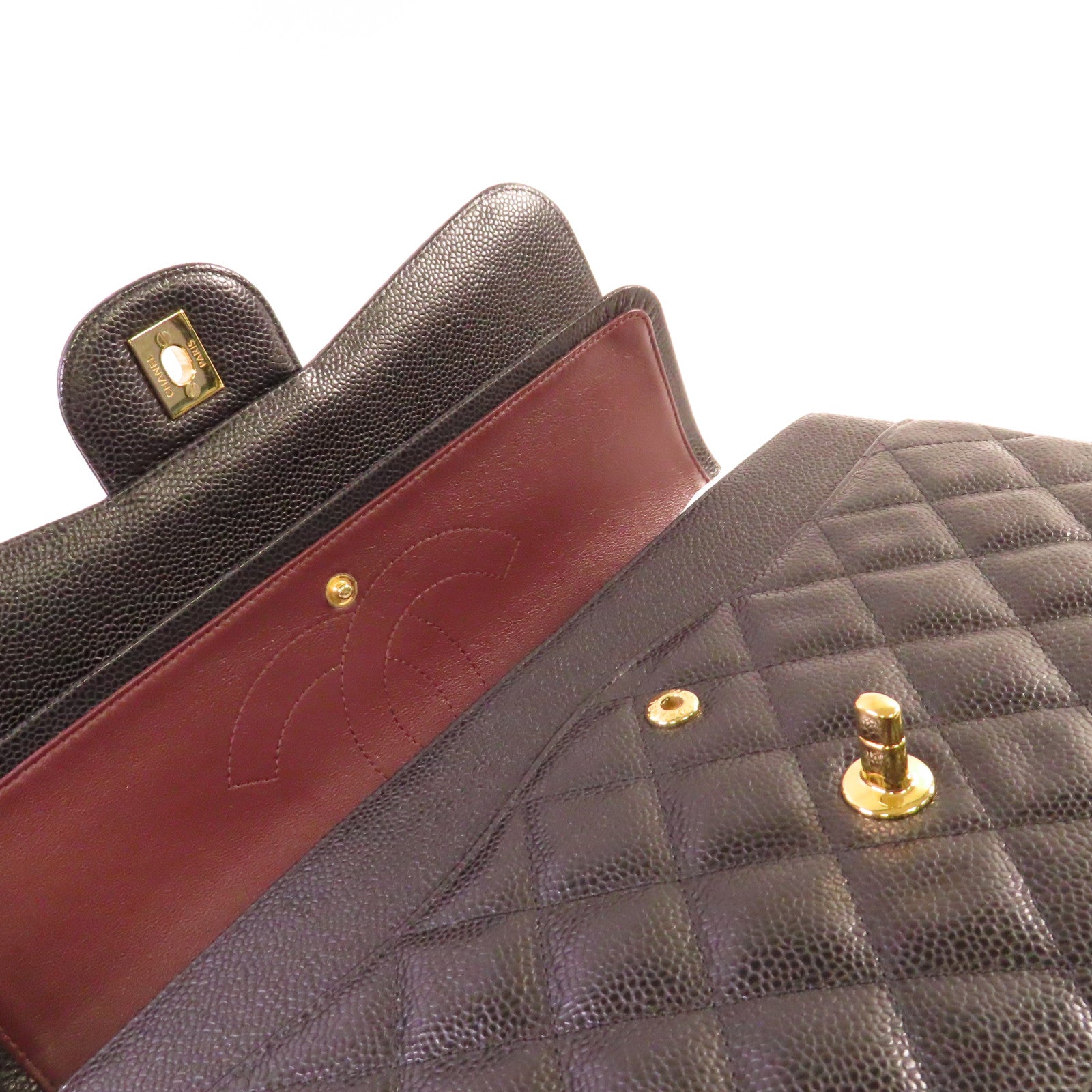CHANEL 菱格Caviar皮革Jumbo 30 Chain Shoulder Bag金扣鏈帶肩背袋黑色