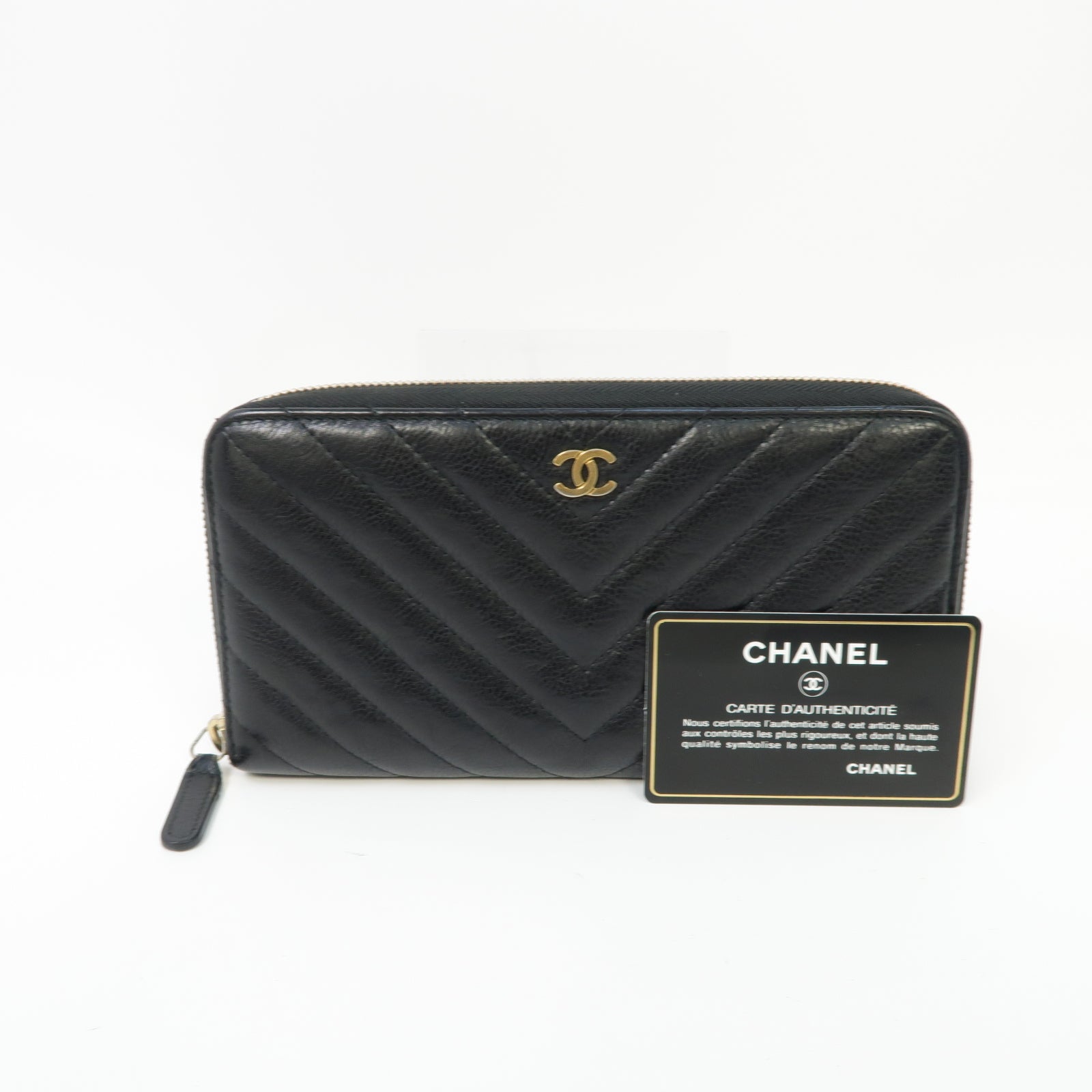 CHANEL 斜紋羊皮皮革Long Wallet金扣長錢包黑色